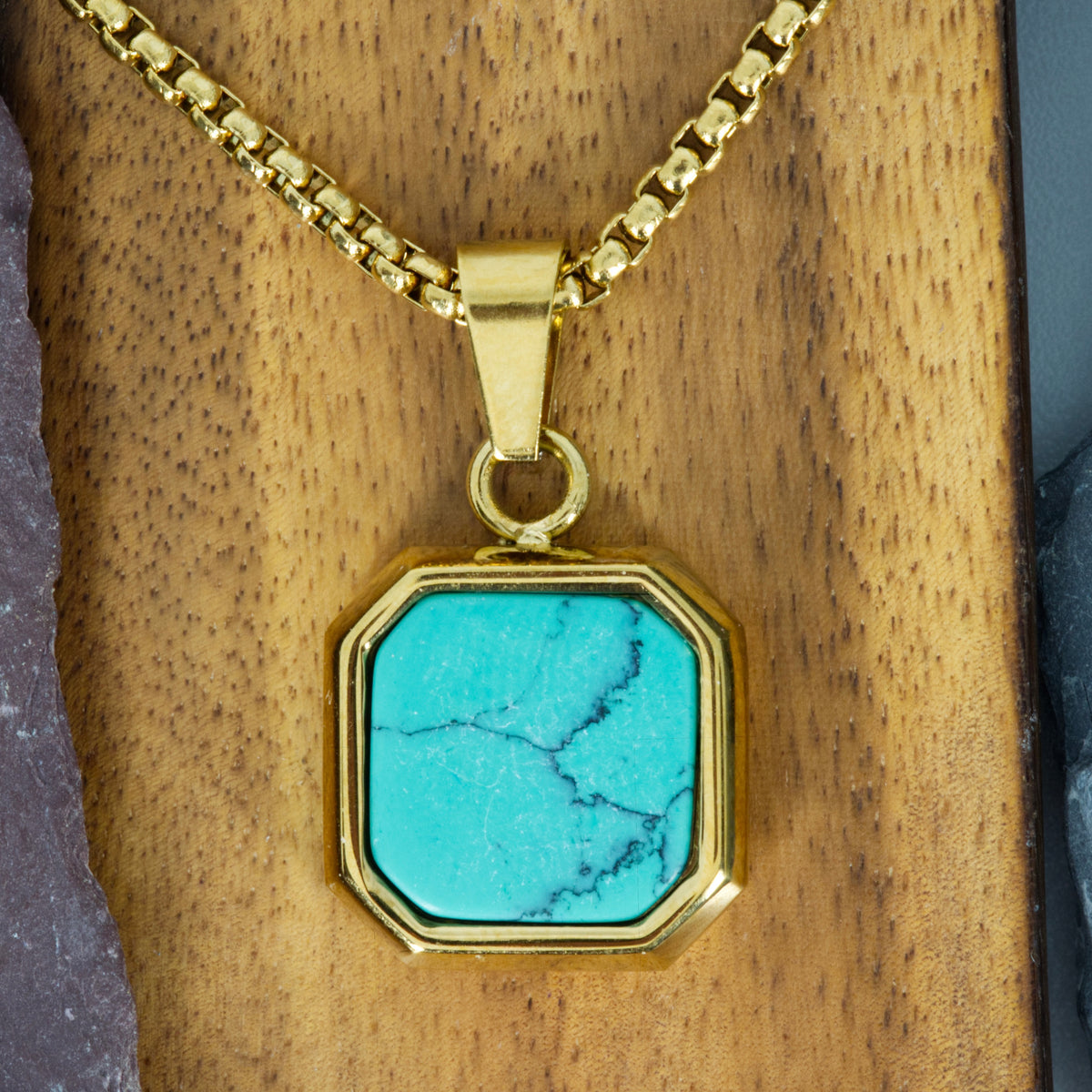 Gold Plated Octagonal Turquoise Pendant & Chain