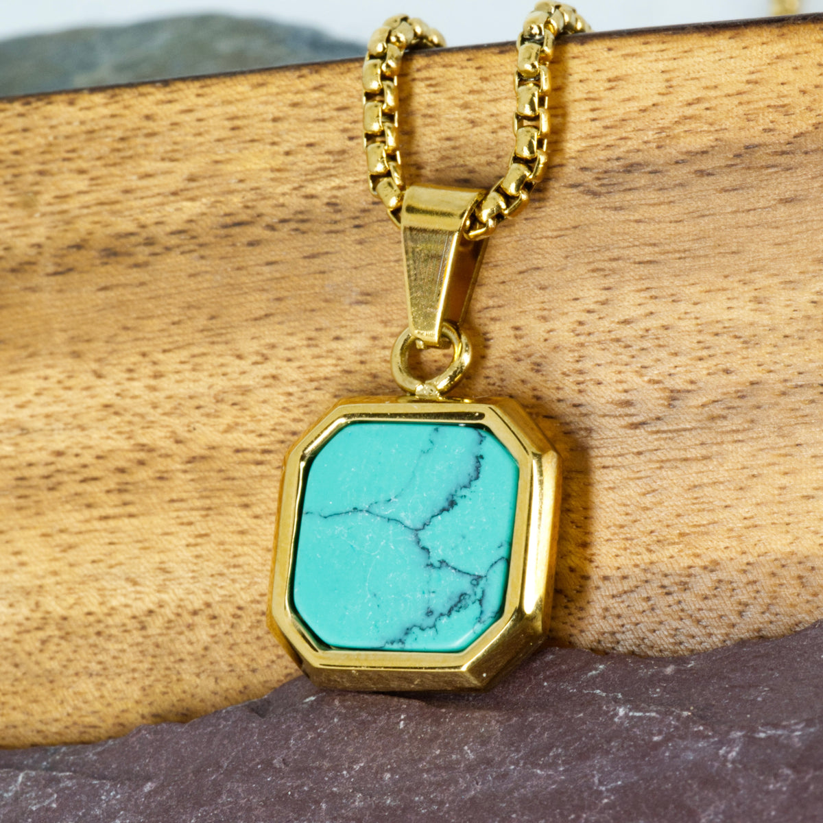 Gold Plated Octagonal Turquoise Pendant & Chain