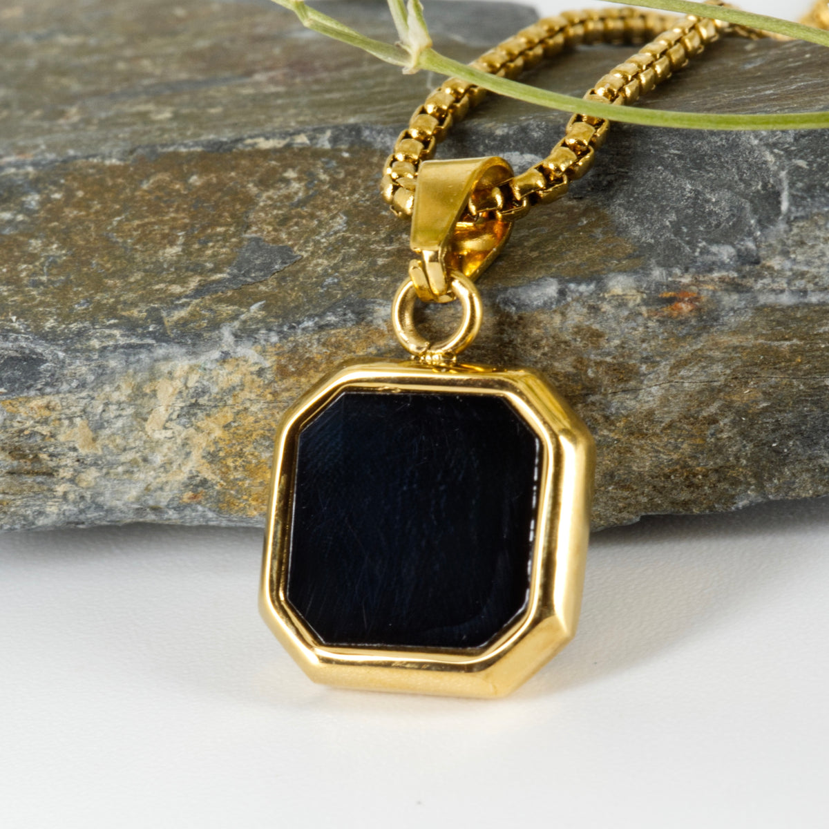 Gold Plated Octagonal Onyx Pendant & Chain