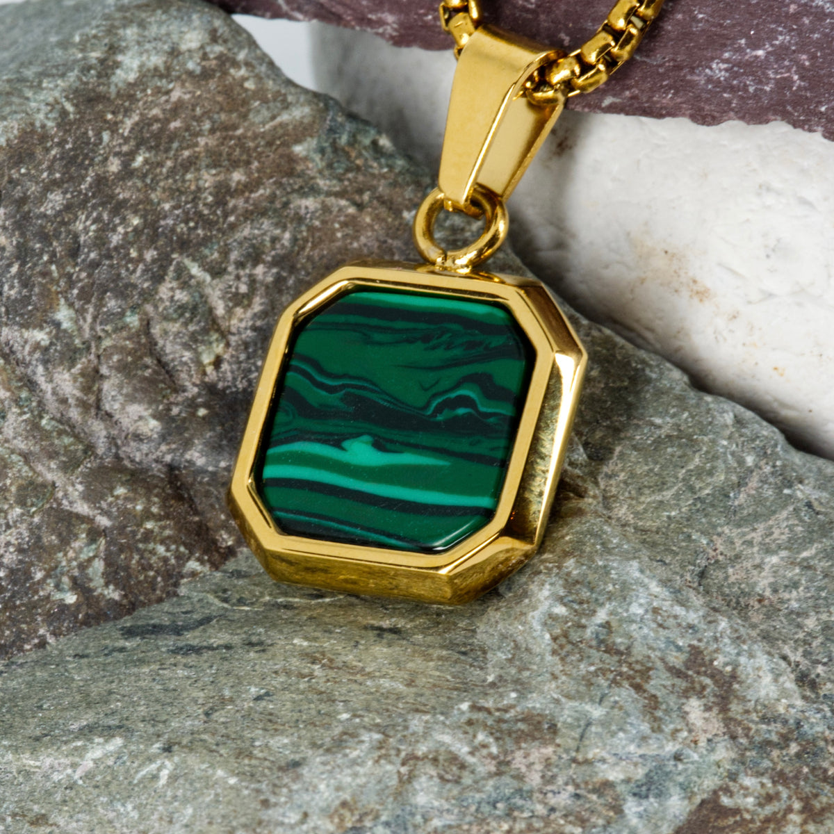 Gold Plated Octagonal Malachite Pendant & Chain