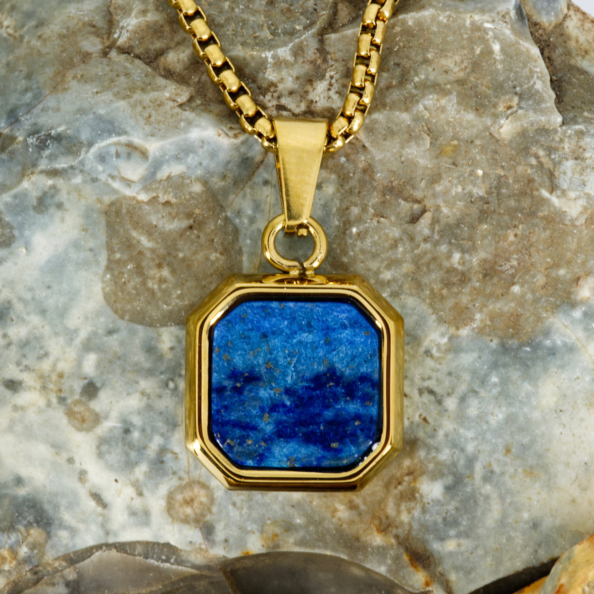 Gold Plated Octagonal Lapis Lazuli Pendant & Chain