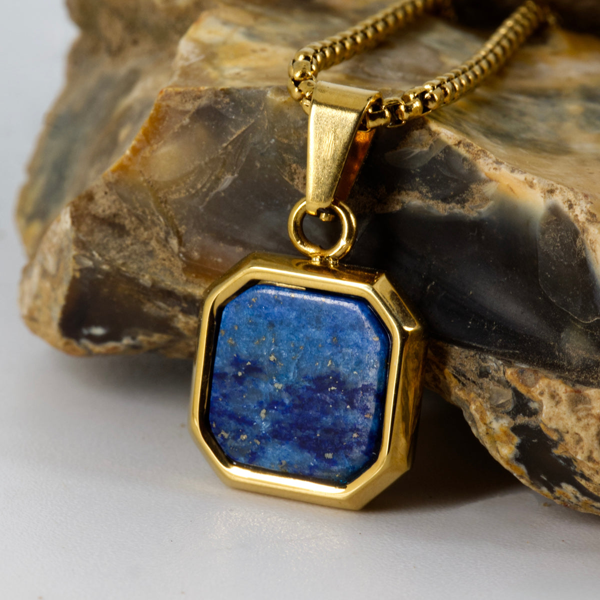 Gold Plated Octagonal Lapis Lazuli Pendant & Chain