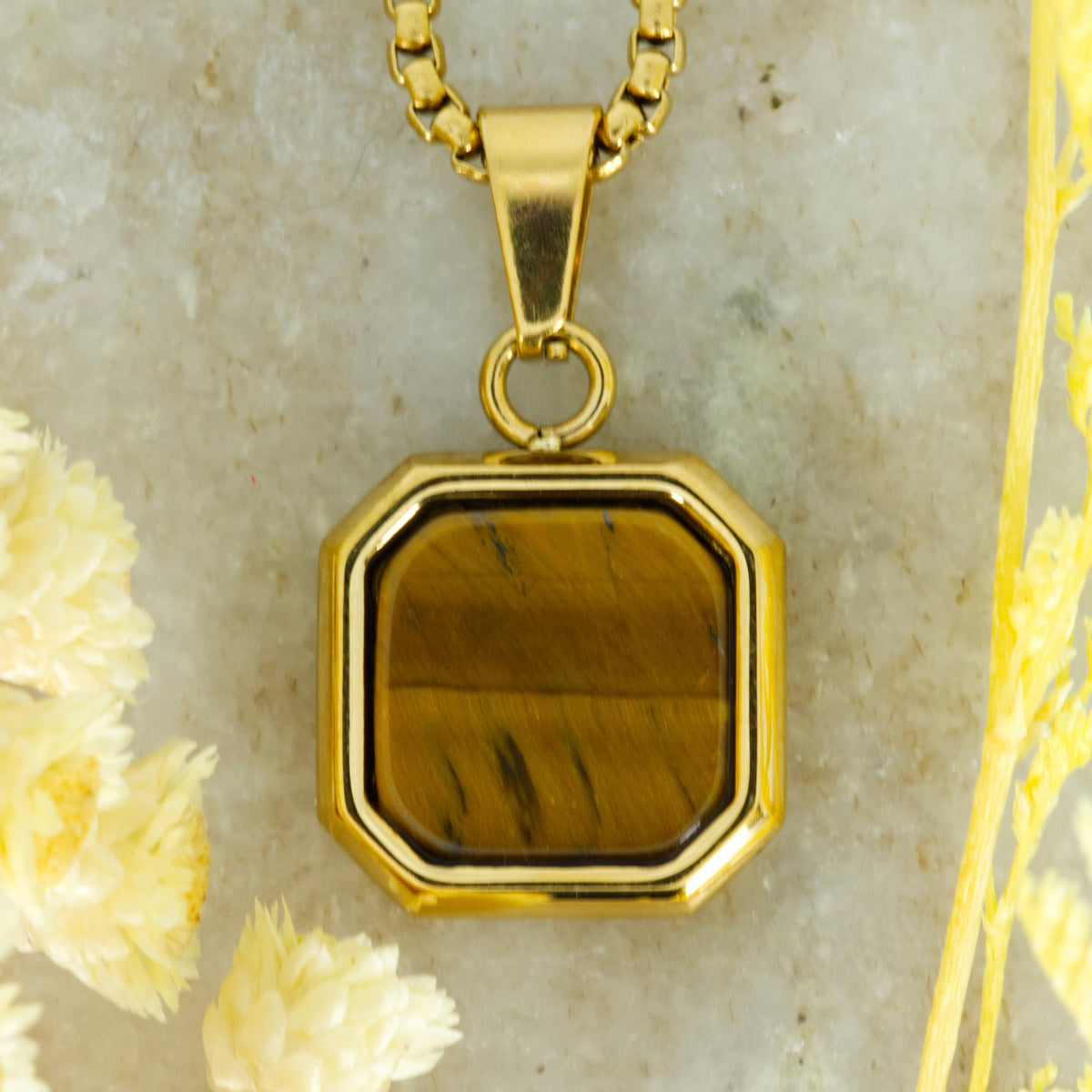 Gold Plated Octagonal Tiger’s Eye Pendant & Chain