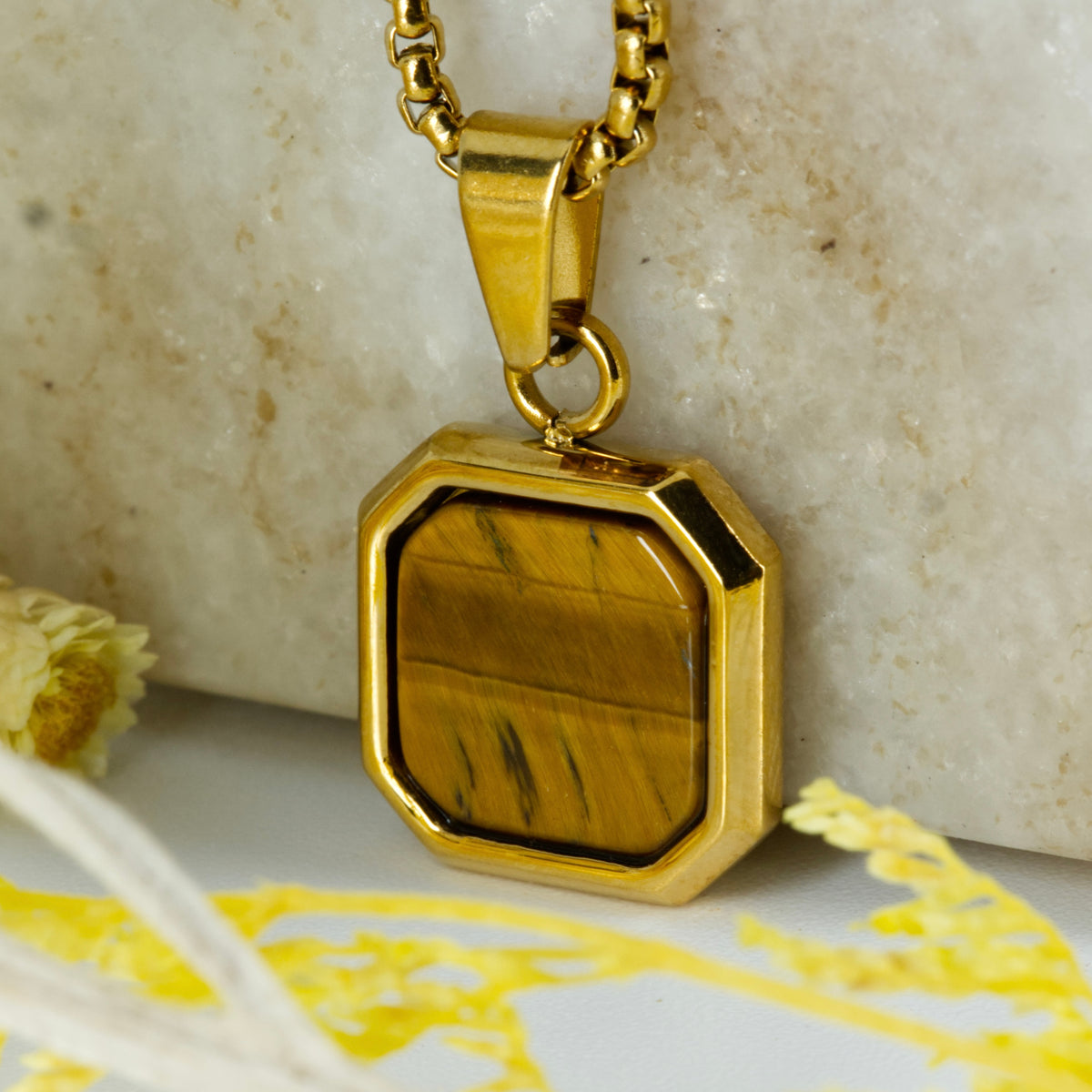 Gold Plated Octagonal Tiger’s Eye Pendant & Chain