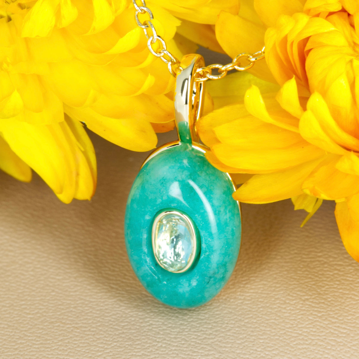 Gold Plated Green Natural Stone & Cubic Zirconia Set Pendant & Chain