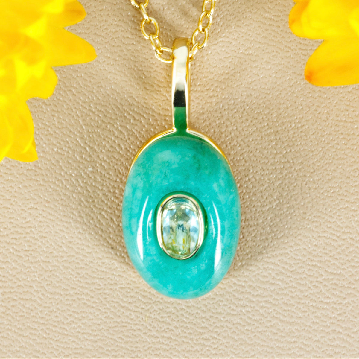 Gold Plated Green Natural Stone & Cubic Zirconia Set Pendant & Chain