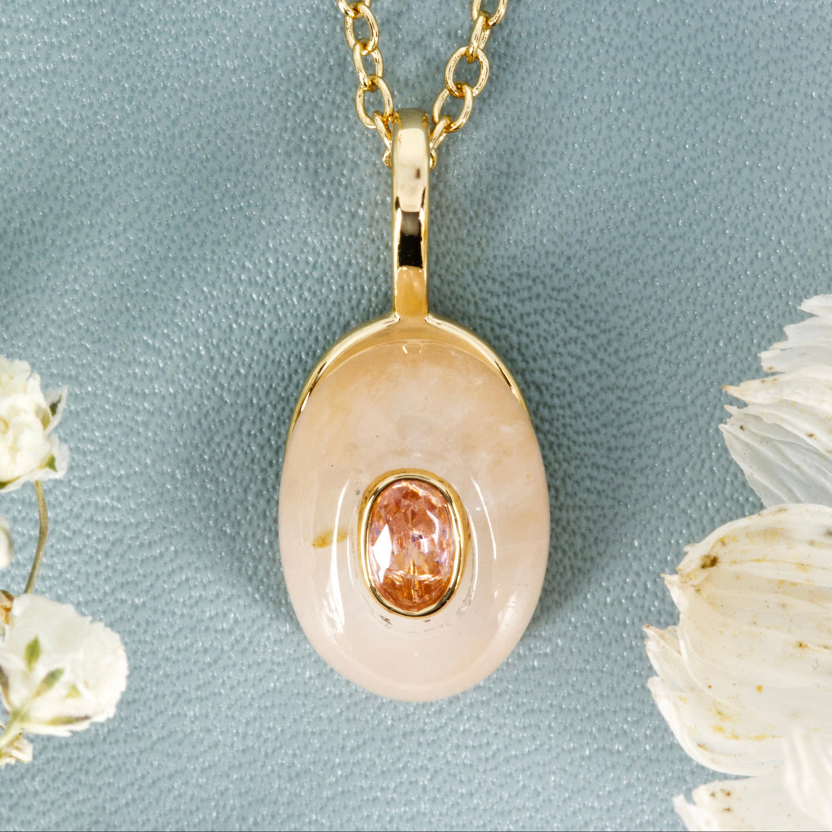 Gold Plated Pink Natural Stone & Cubic Zirconia Set Pendant & Chain