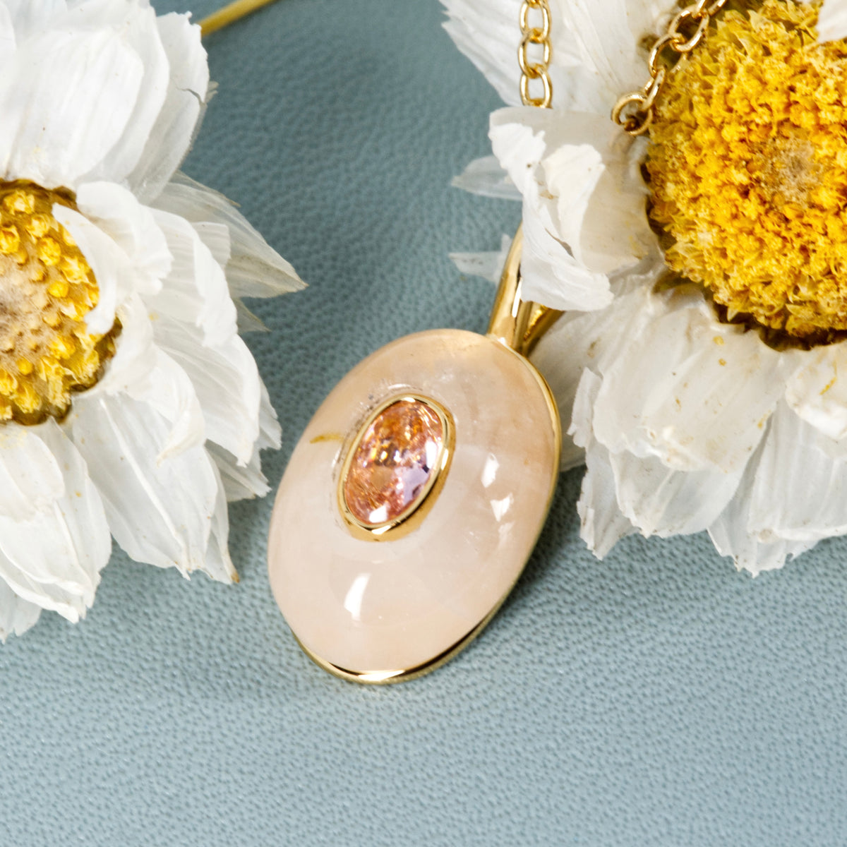 Gold Plated Pink Natural Stone & Cubic Zirconia Set Pendant & Chain