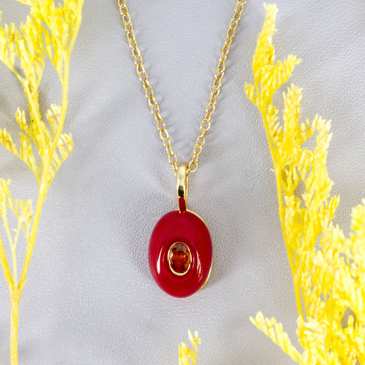 Gold Plated Red Natural Stone & Cubic Zirconia Set Pendant & Chain