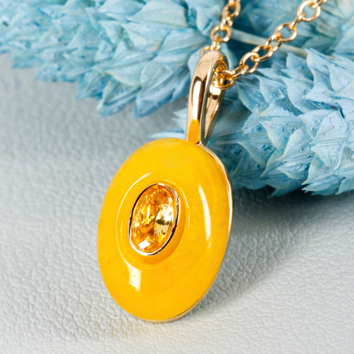 Gold Plated Yellow Natural Stone & Cubic Zirconia Set Pendant & Chain