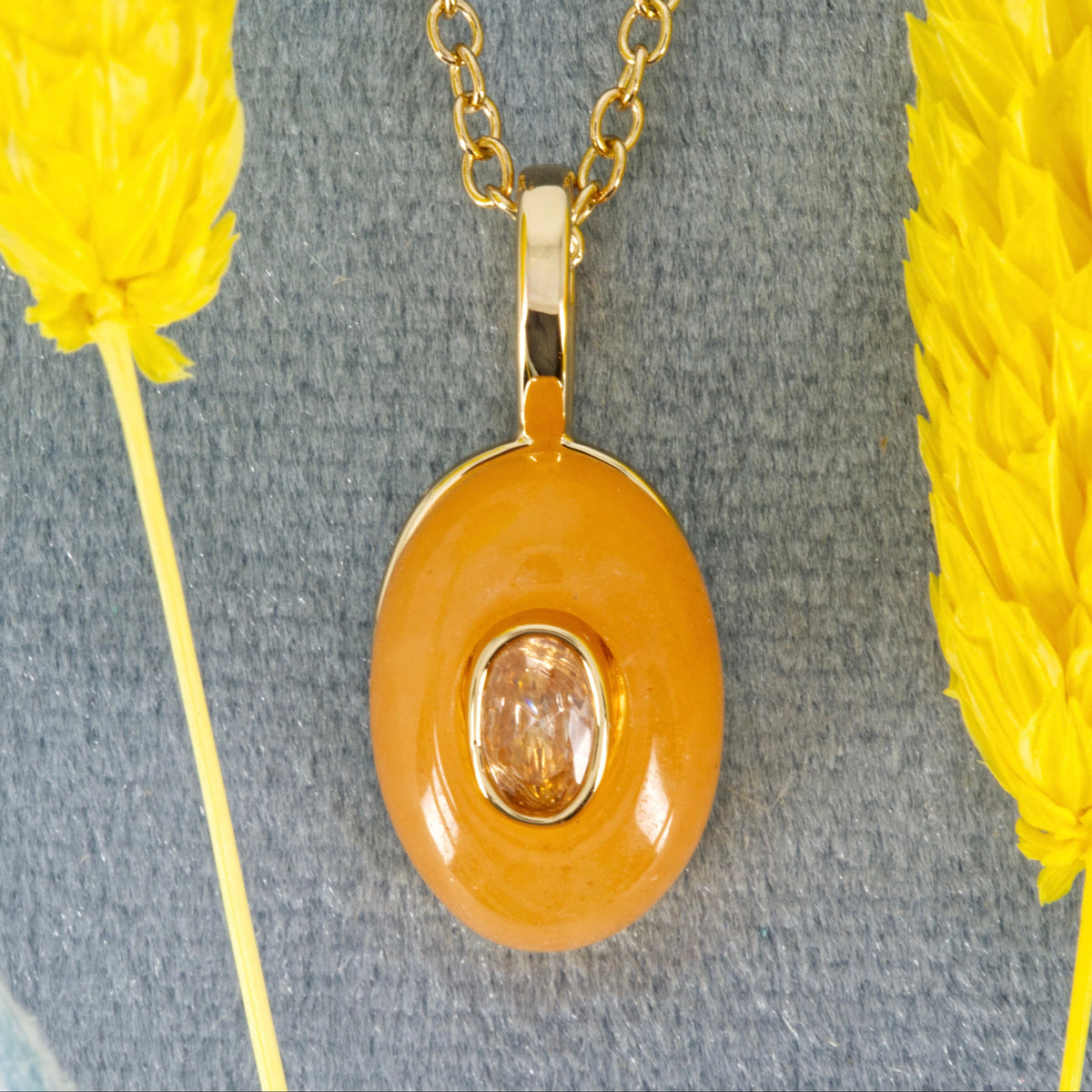 Gold Plated Orange Natural Stone & Cubic Zirconia Set Pendant & Chain