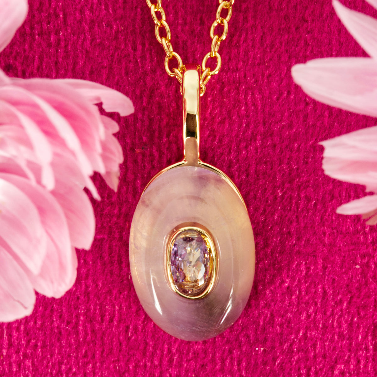 Gold Plated Purple Natural Stone & Cubic Zirconia Set Pendant & Chain