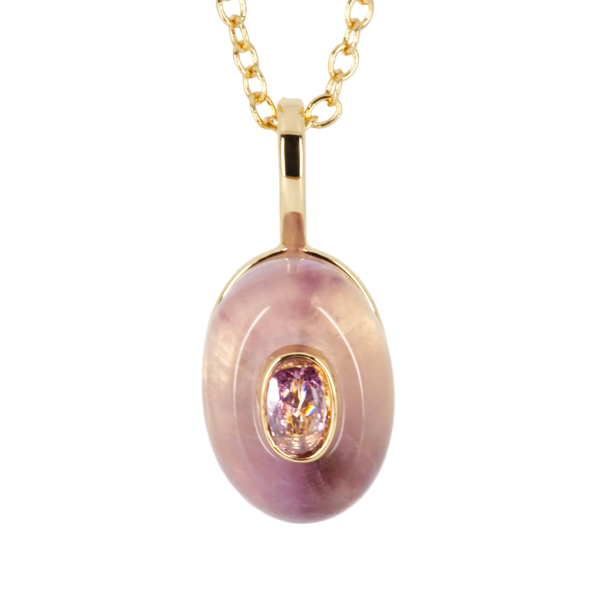 Gold Plated Purple Natural Stone & Cubic Zirconia Set Pendant & Chain