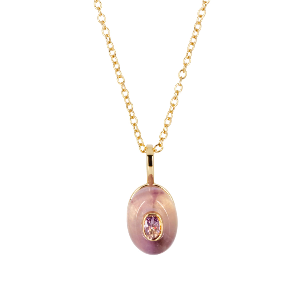Gold Plated Purple Natural Stone & Cubic Zirconia Set Pendant & Chain