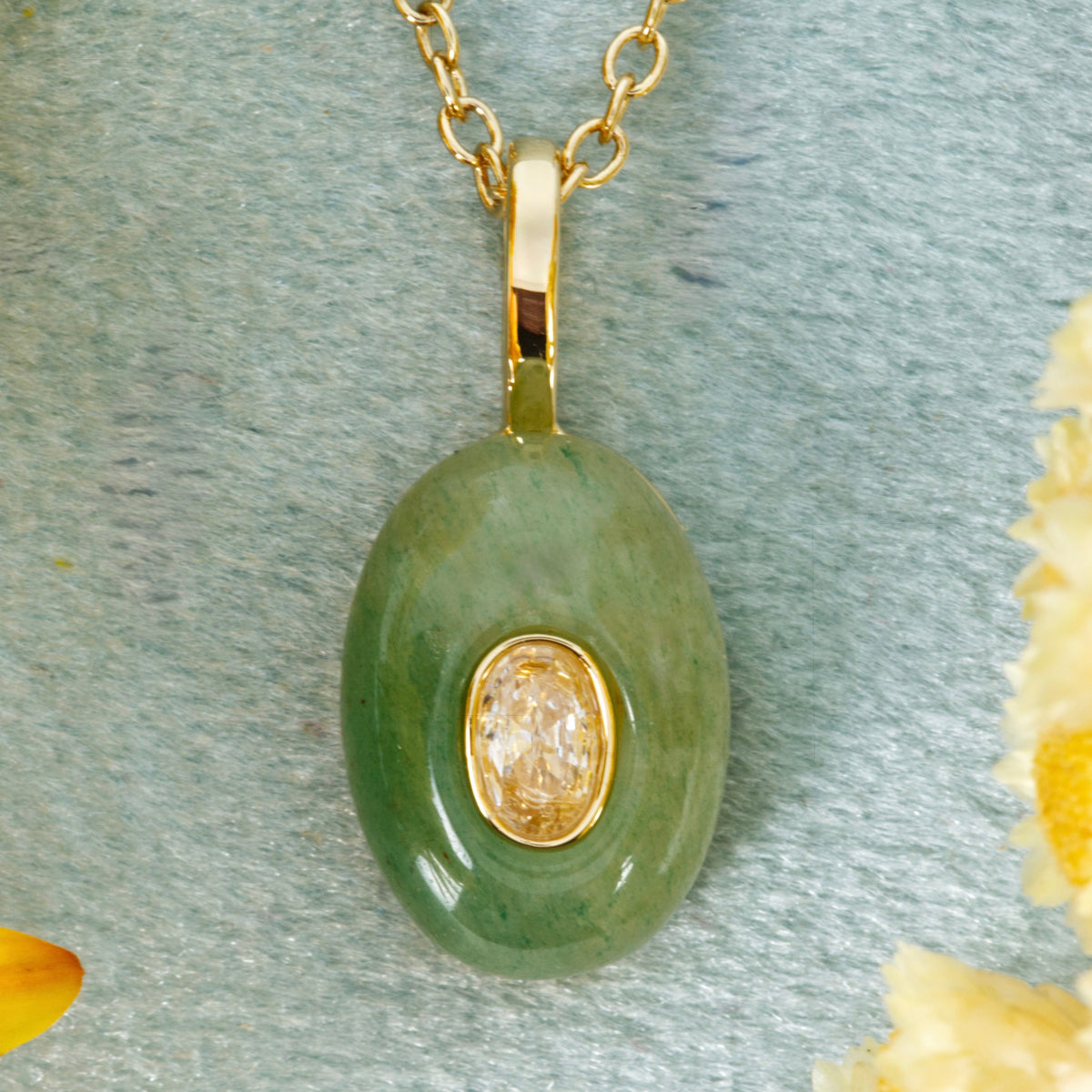 Gold Plated Green Natural Stone & White Cubic Zirconia Set Pendant & Chain