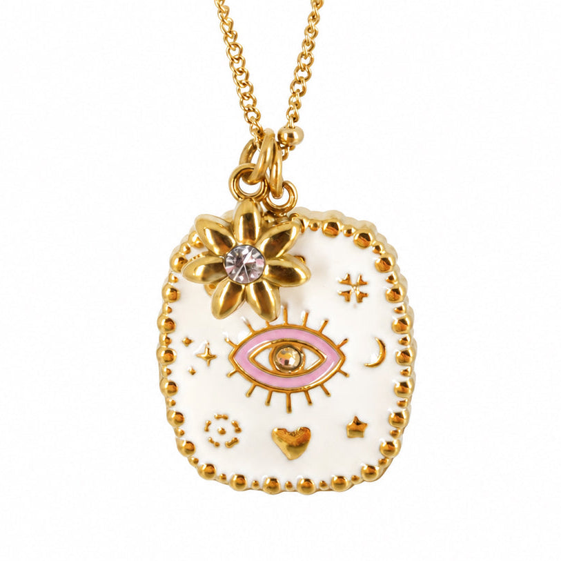 Gold Plated White & Pink Enamel Evil Eye Pendant & Chain