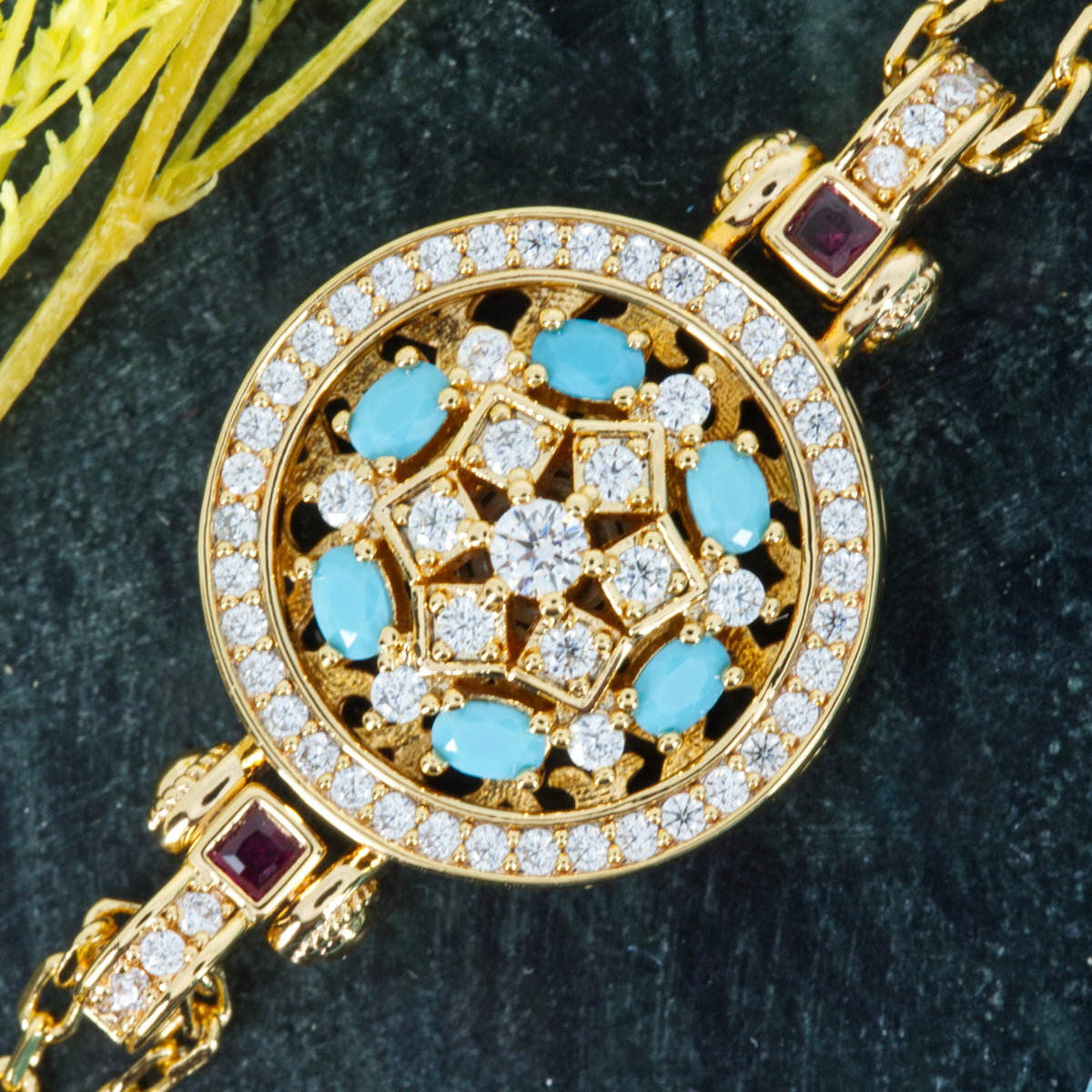 Gold Plated Round Turquoise & Cubic Zirconia Set Spinner Bracelet