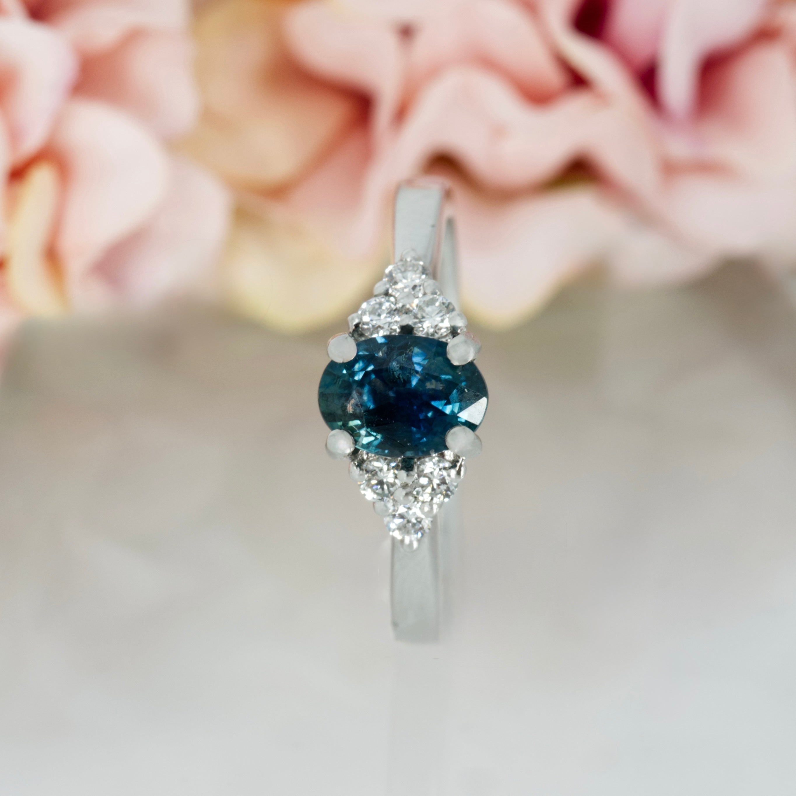 Platinum Oval Cut Montana Blue Sapphire & Round Brilliant Cut Diamond Trefoil Ring