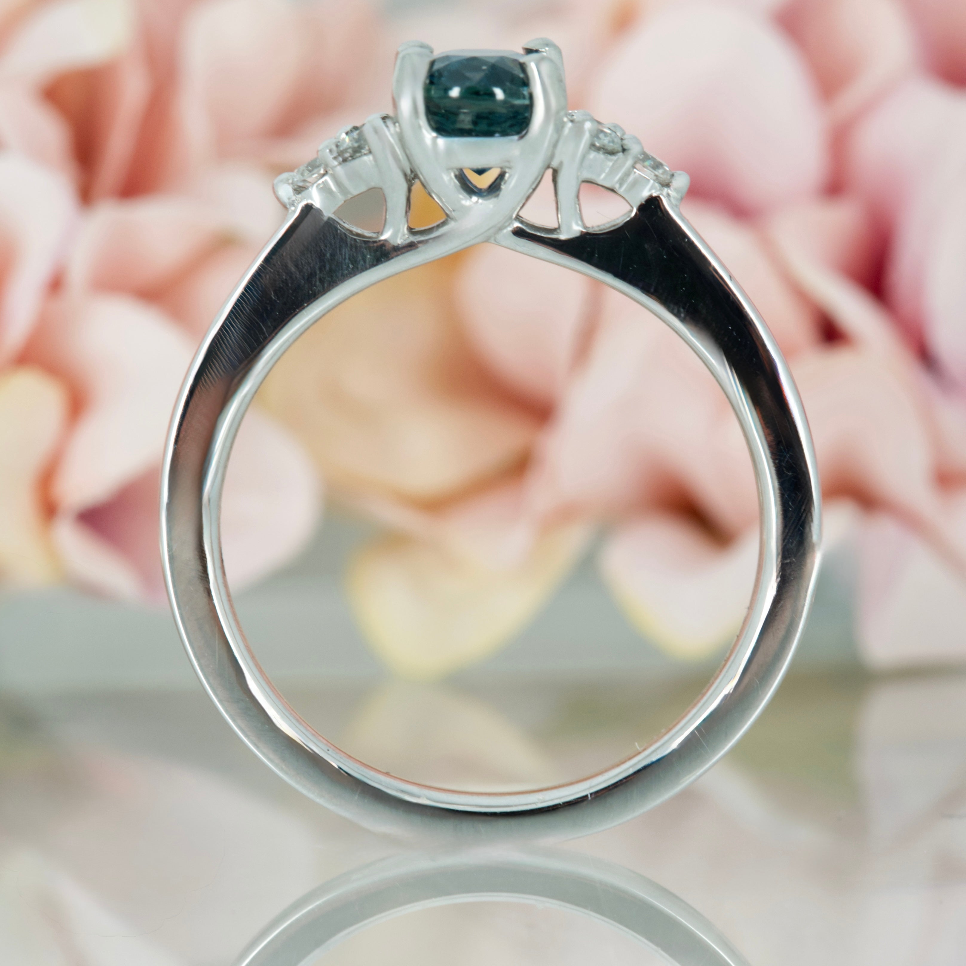Platinum Oval Cut Montana Blue Sapphire & Round Brilliant Cut Diamond Trefoil Ring