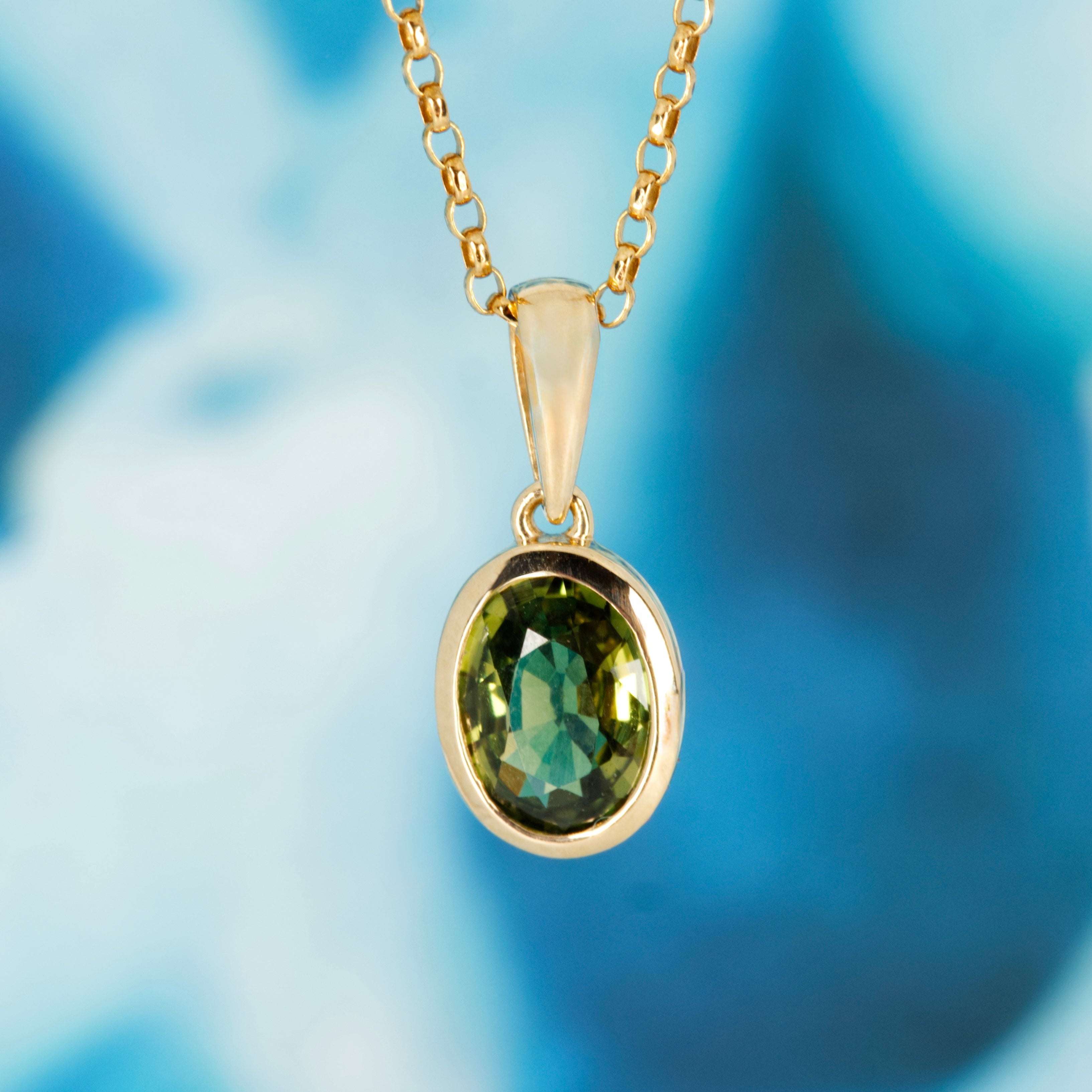9ct Yellow Gold Oval Cut Green Sapphire Rub-Over Set Pendant & Chain