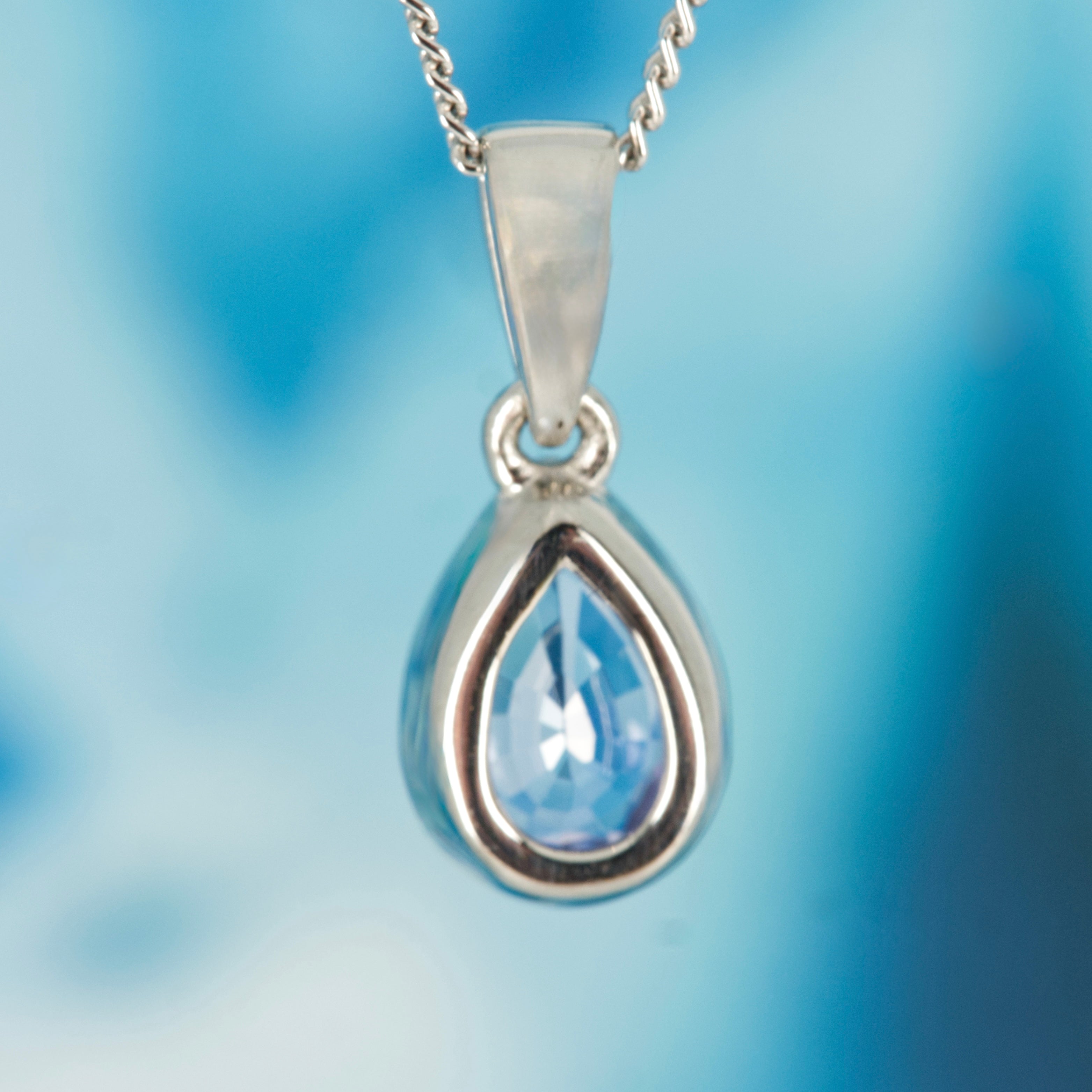 Platinum Pear Cut Lilac Sapphire Rub-Over Set Pendant & Chain