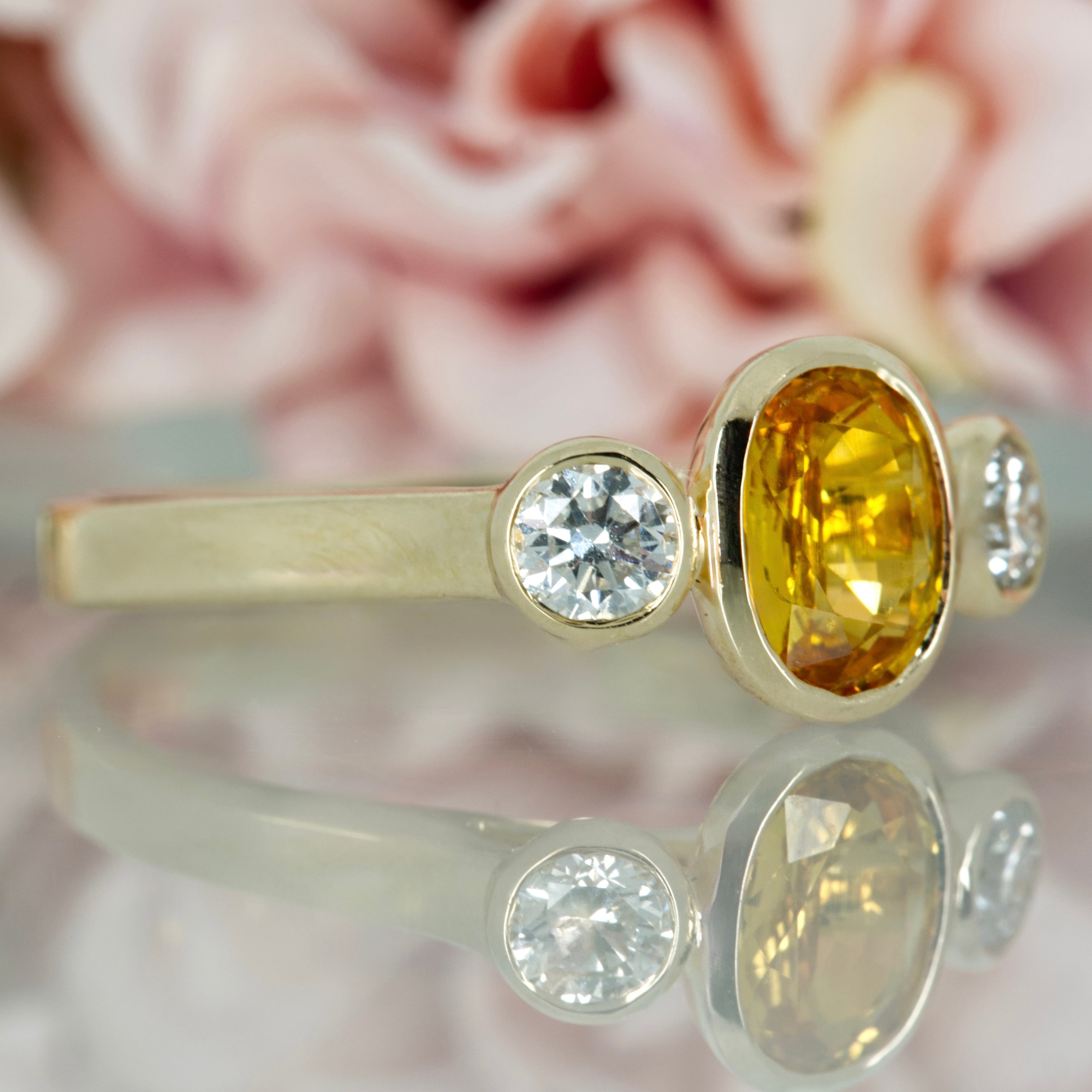 9ct Yellow Gold Oval Cut Yellow Sapphire & Round Brilliant Cut Diamond Trilogy Ring