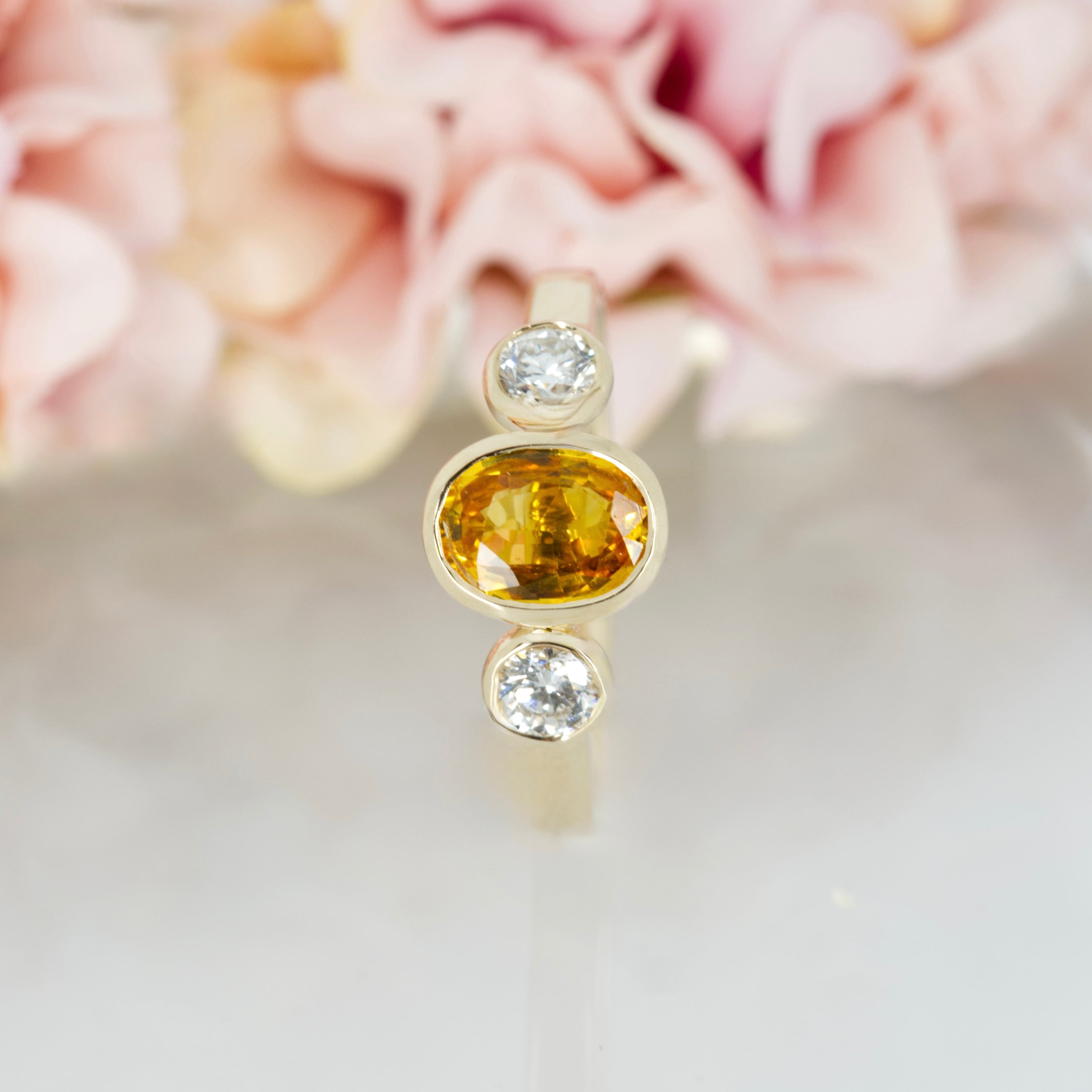 9ct Yellow Gold Oval Cut Yellow Sapphire & Round Brilliant Cut Diamond Trilogy Ring