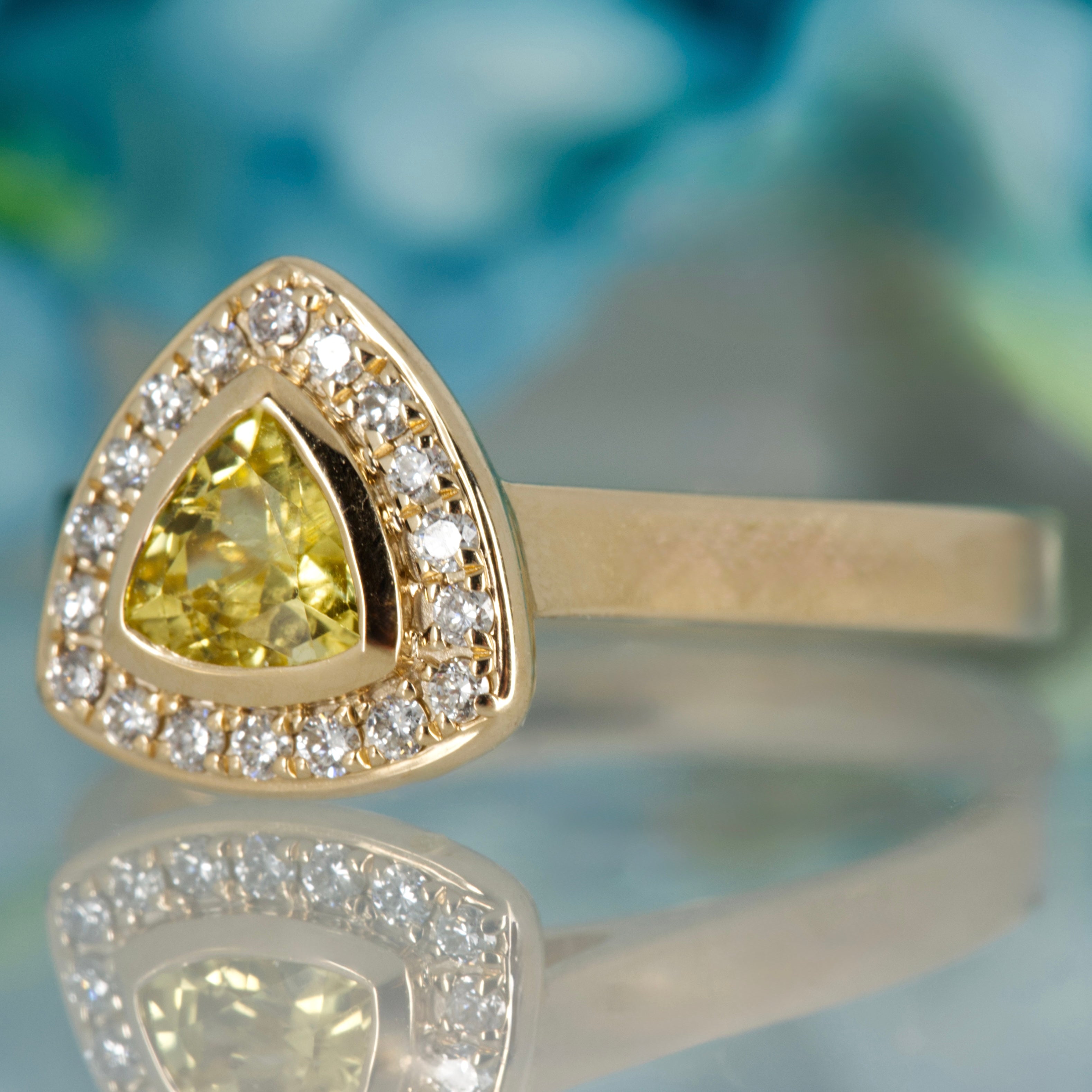9ct Yellow Gold Trilliant Cut Yellow Sapphire & Round Brilliant Cut Diamond Halo Cluster Ring