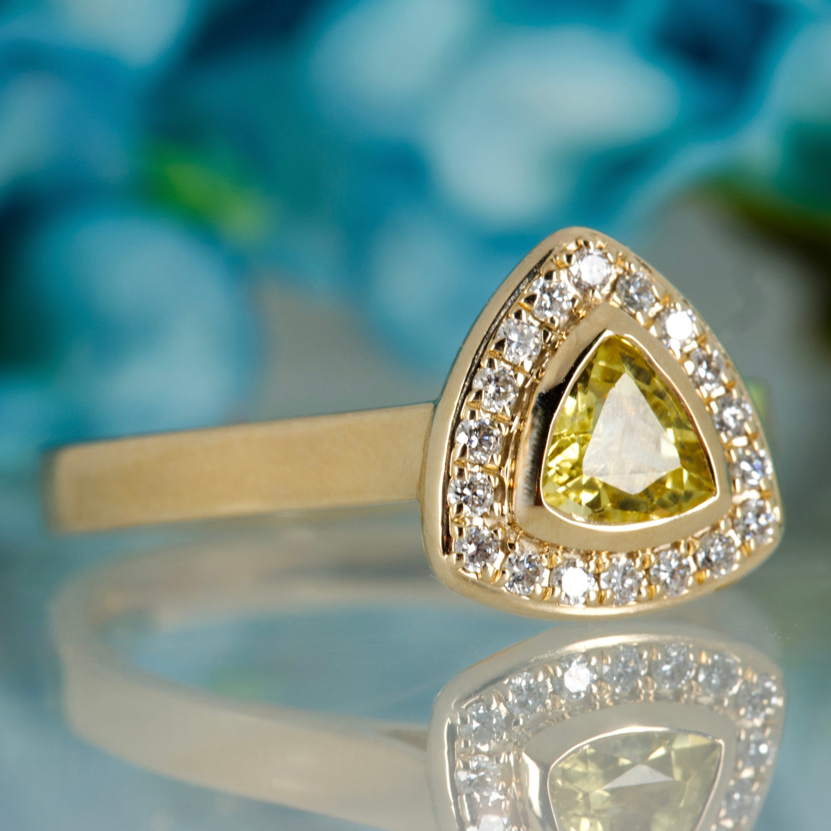 9ct Yellow Gold Trilliant Cut Yellow Sapphire & Round Brilliant Cut Diamond Halo Cluster Ring