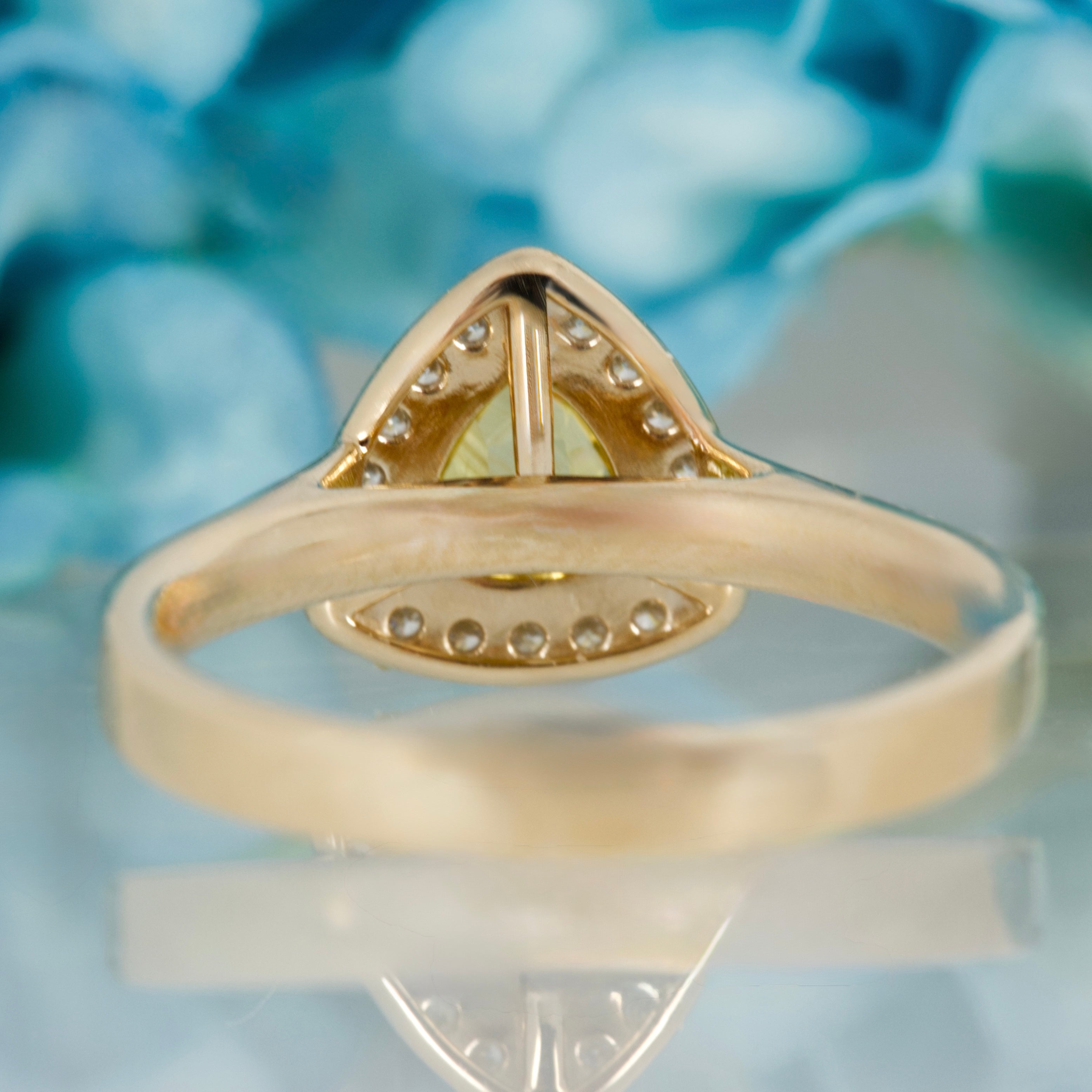 9ct Yellow Gold Trilliant Cut Yellow Sapphire & Round Brilliant Cut Diamond Halo Cluster Ring