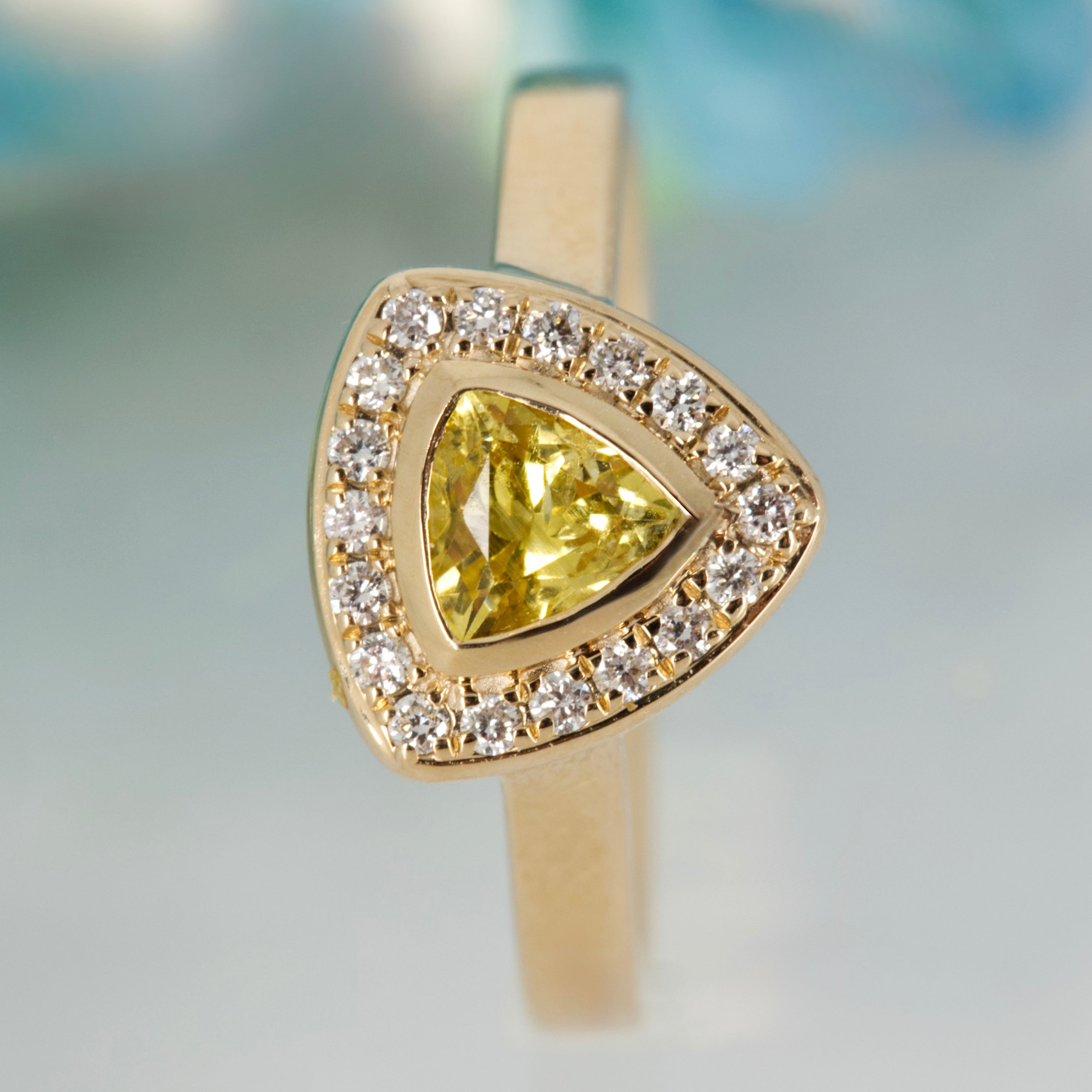 9ct Yellow Gold Trilliant Cut Yellow Sapphire & Round Brilliant Cut Diamond Halo Cluster Ring