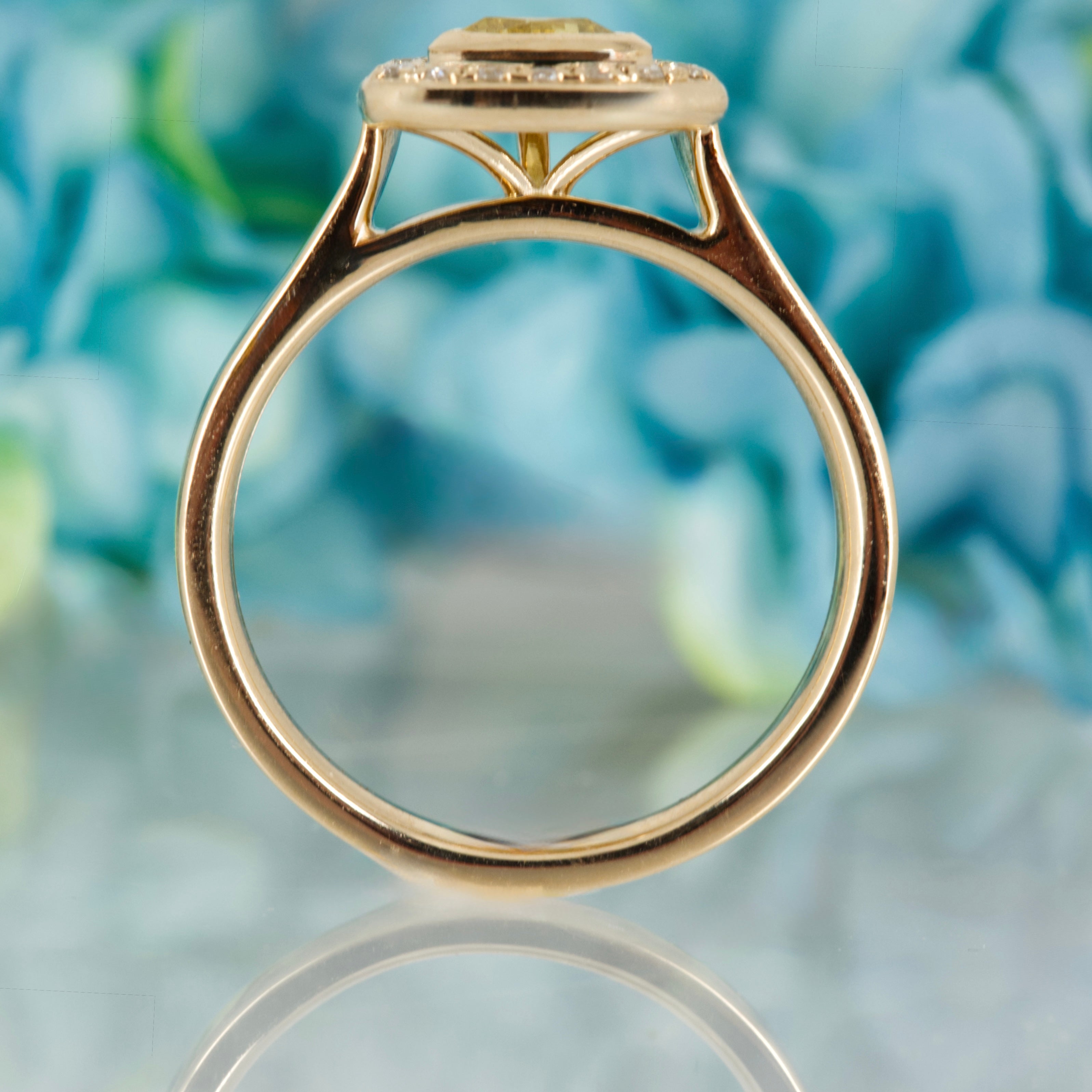 9ct Yellow Gold Trilliant Cut Yellow Sapphire & Round Brilliant Cut Diamond Halo Cluster Ring