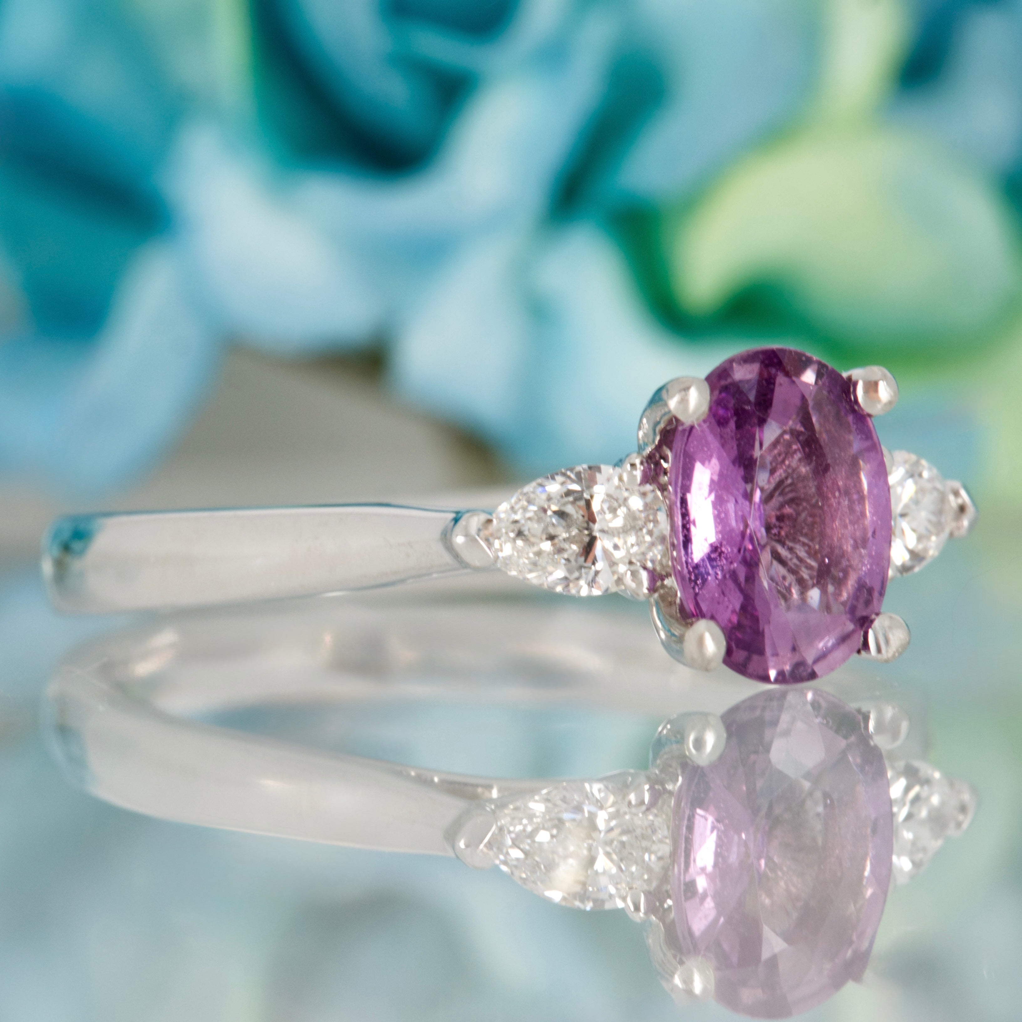 Platinum Oval Cut Lilac Sapphire & Pear Cut Diamond Trilogy Ring