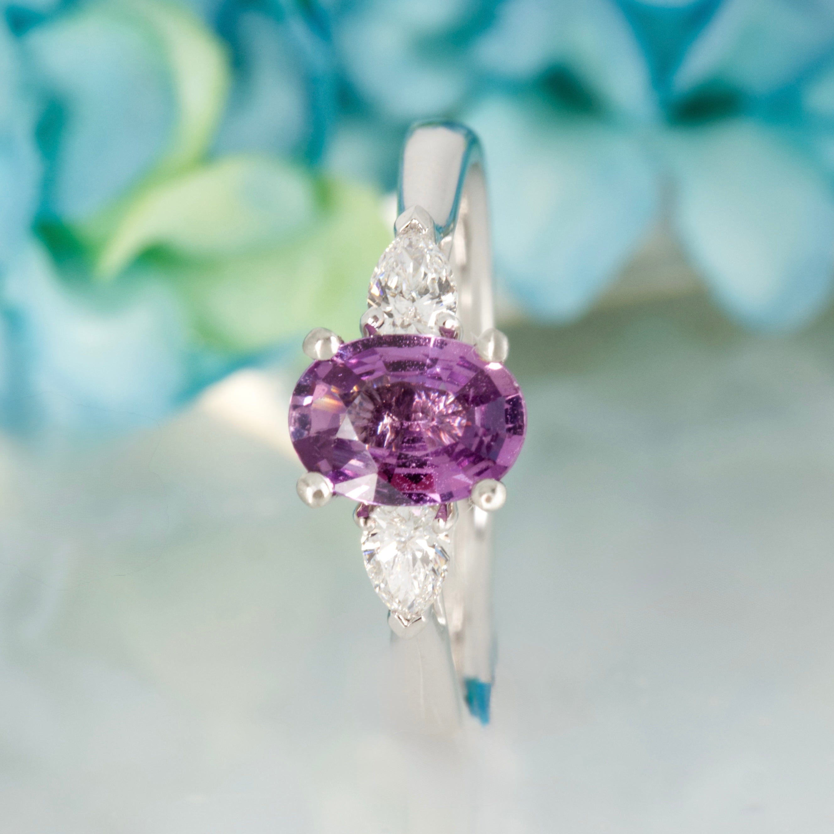 Platinum Oval Cut Lilac Sapphire & Pear Cut Diamond Trilogy Ring