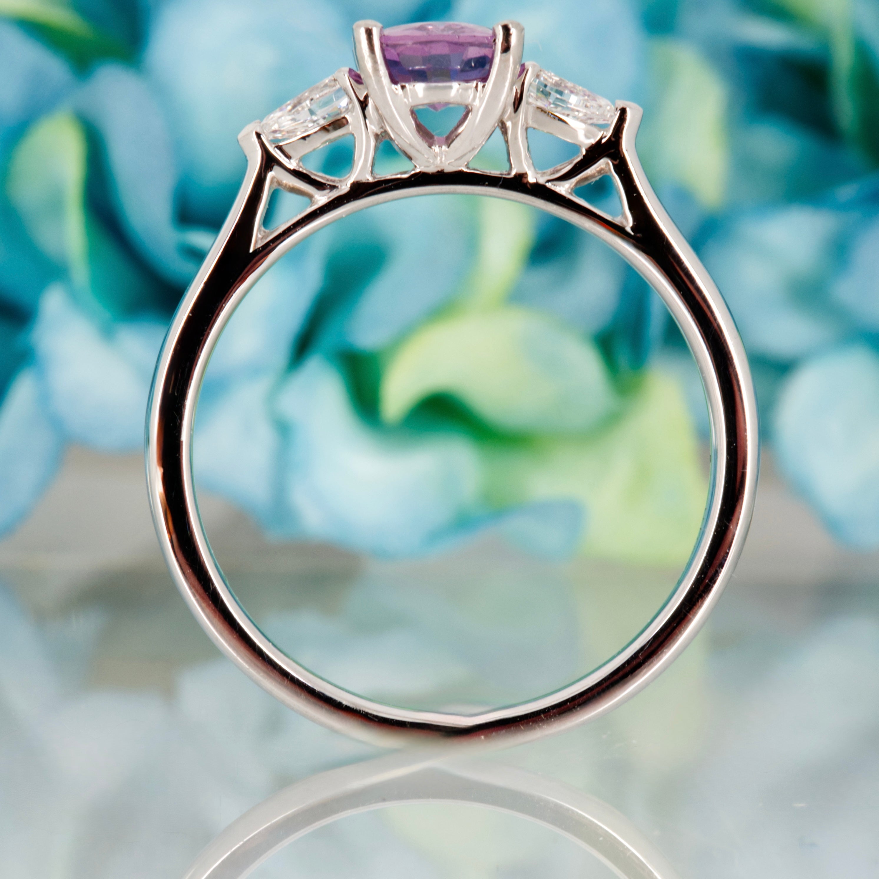 Platinum Oval Cut Lilac Sapphire & Pear Cut Diamond Trilogy Ring
