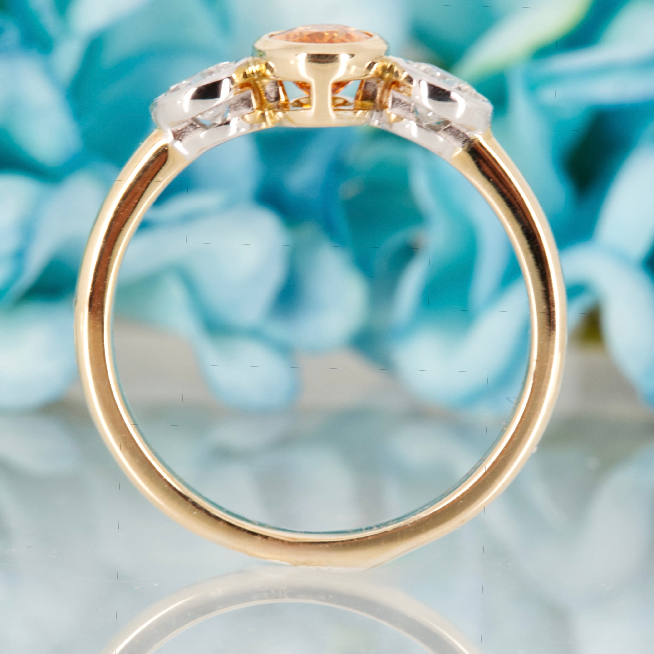 9ct Yellow Gold Oval Cut Mandarin Garnet & Round Brilliant Cut Diamond Trilogy Ring