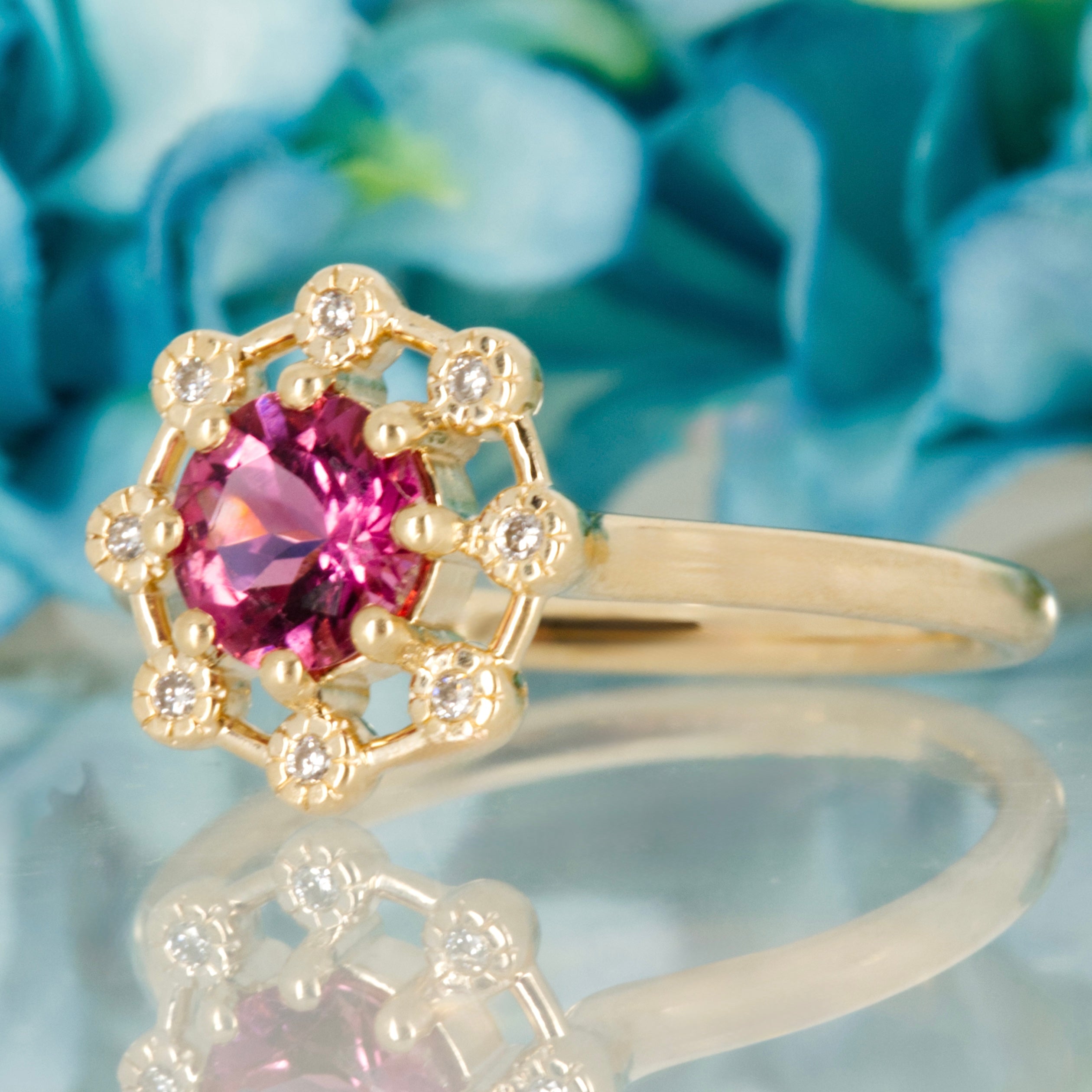 9ct Yellow Gold Round Cut Pink Tourmaline & Round Brilliant Cut Diamond Dress Ring
