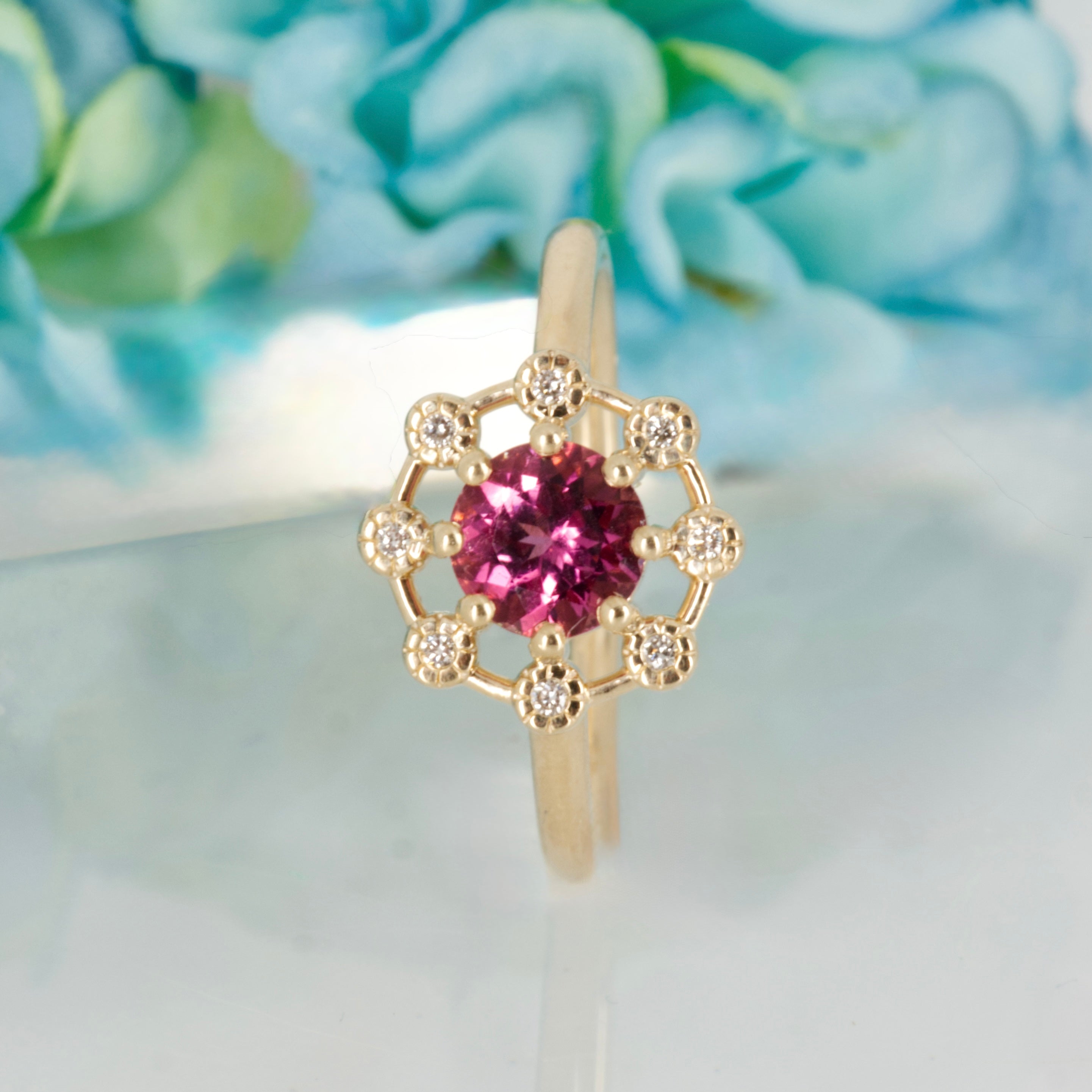 9ct Yellow Gold Round Cut Pink Tourmaline & Round Brilliant Cut Diamond Dress Ring