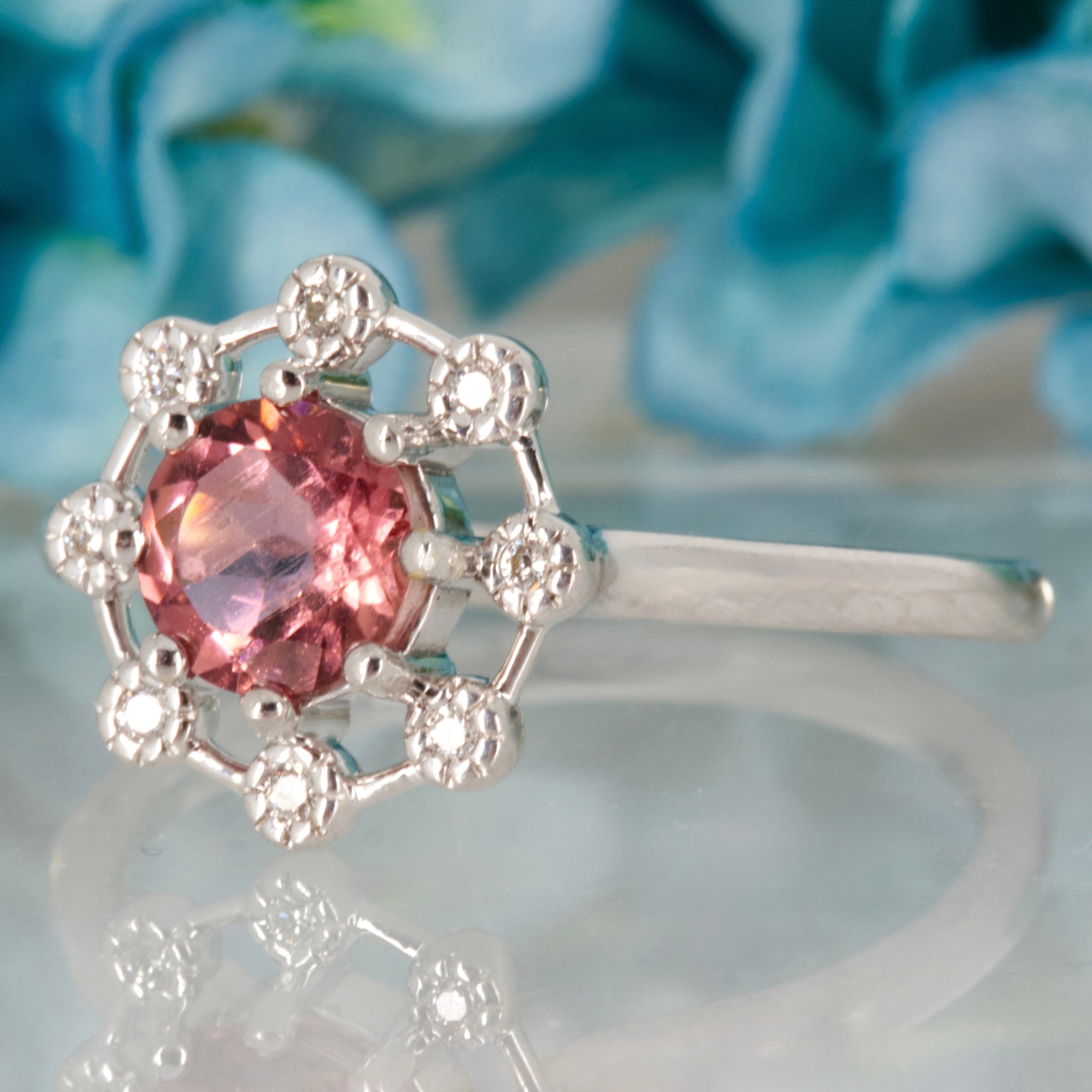 9ct White Gold Round Cut Pink Tourmaline & Round Brilliant Cut Diamond Dress Ring