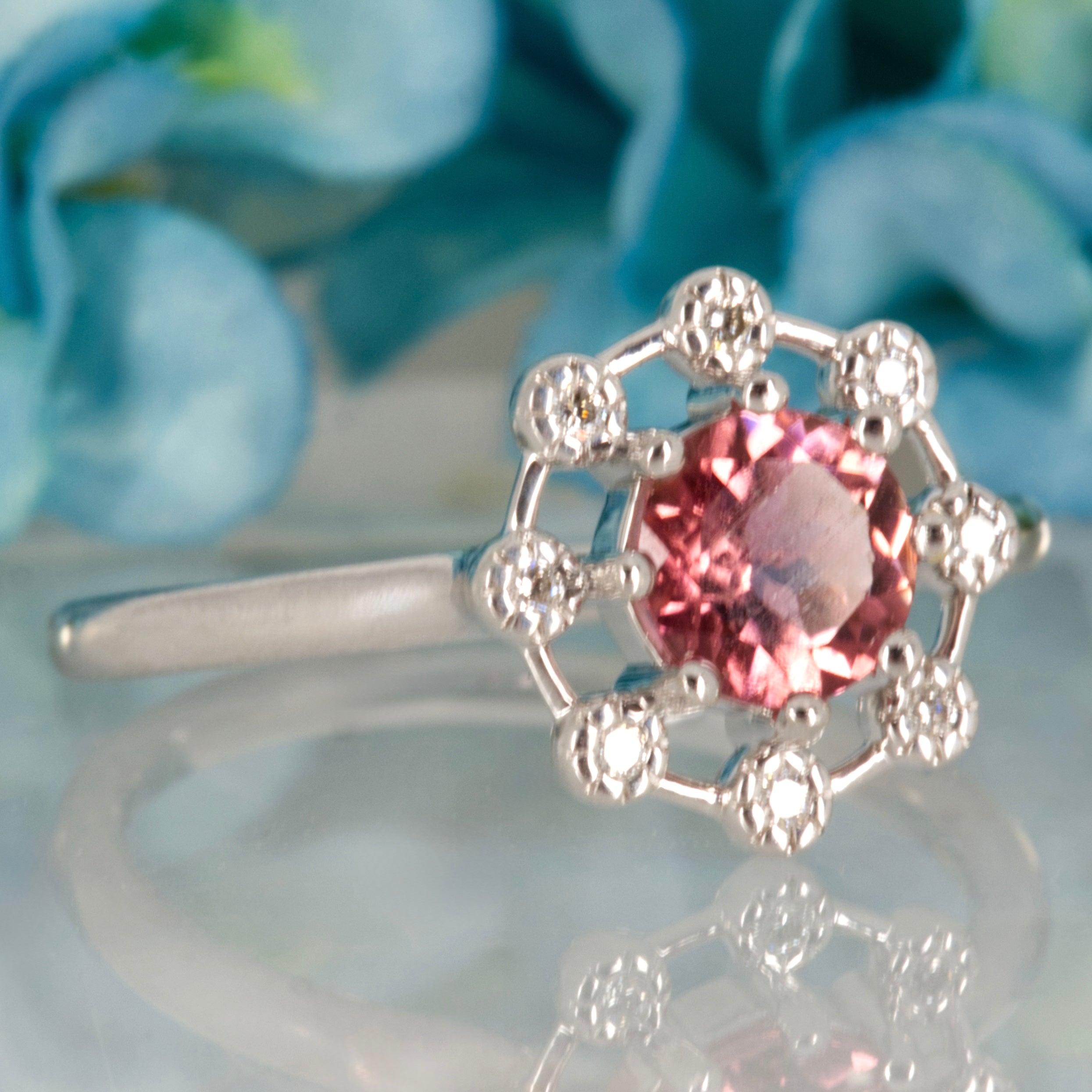 9ct White Gold Round Cut Pink Tourmaline & Round Brilliant Cut Diamond Dress Ring