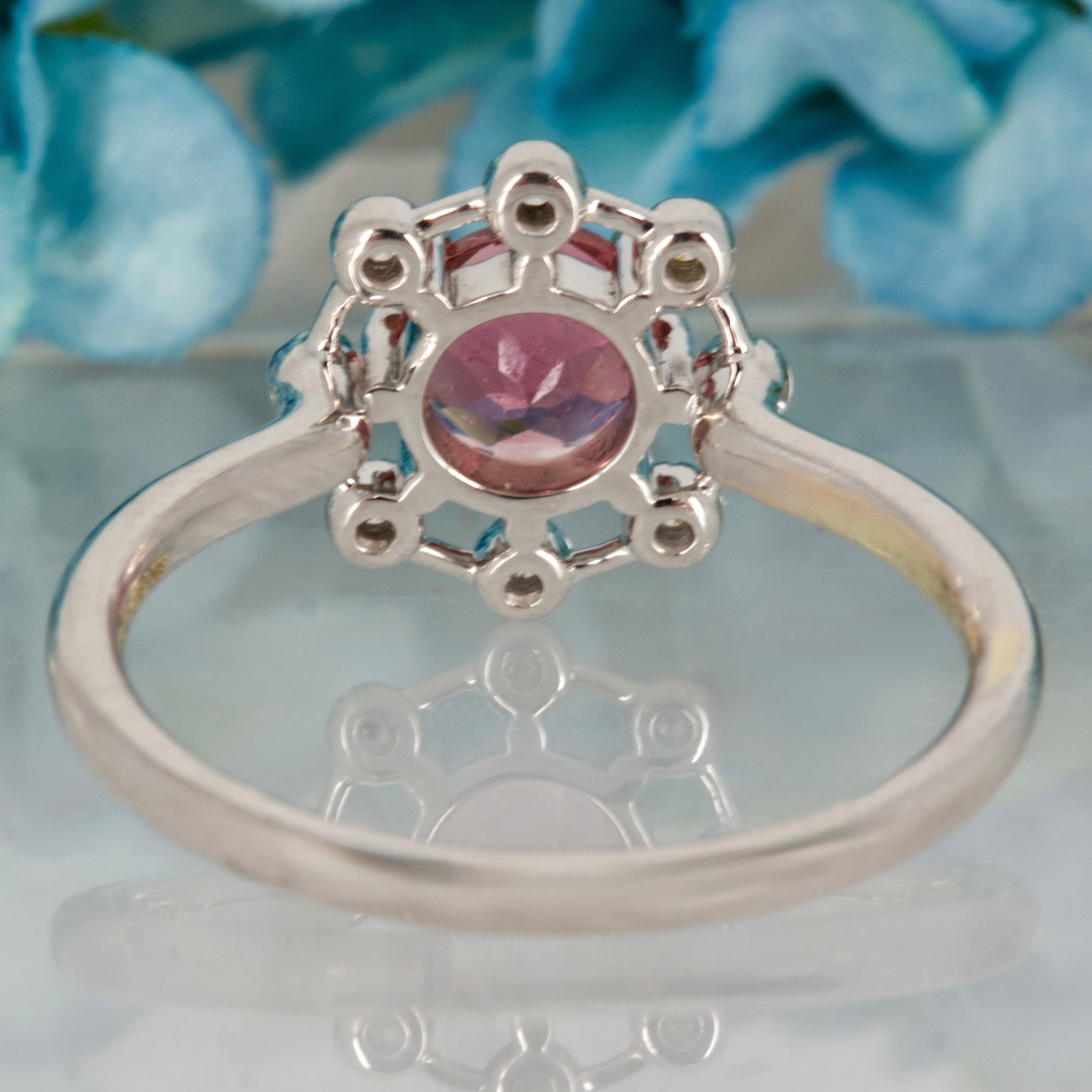 9ct White Gold Round Cut Pink Tourmaline & Round Brilliant Cut Diamond Dress Ring