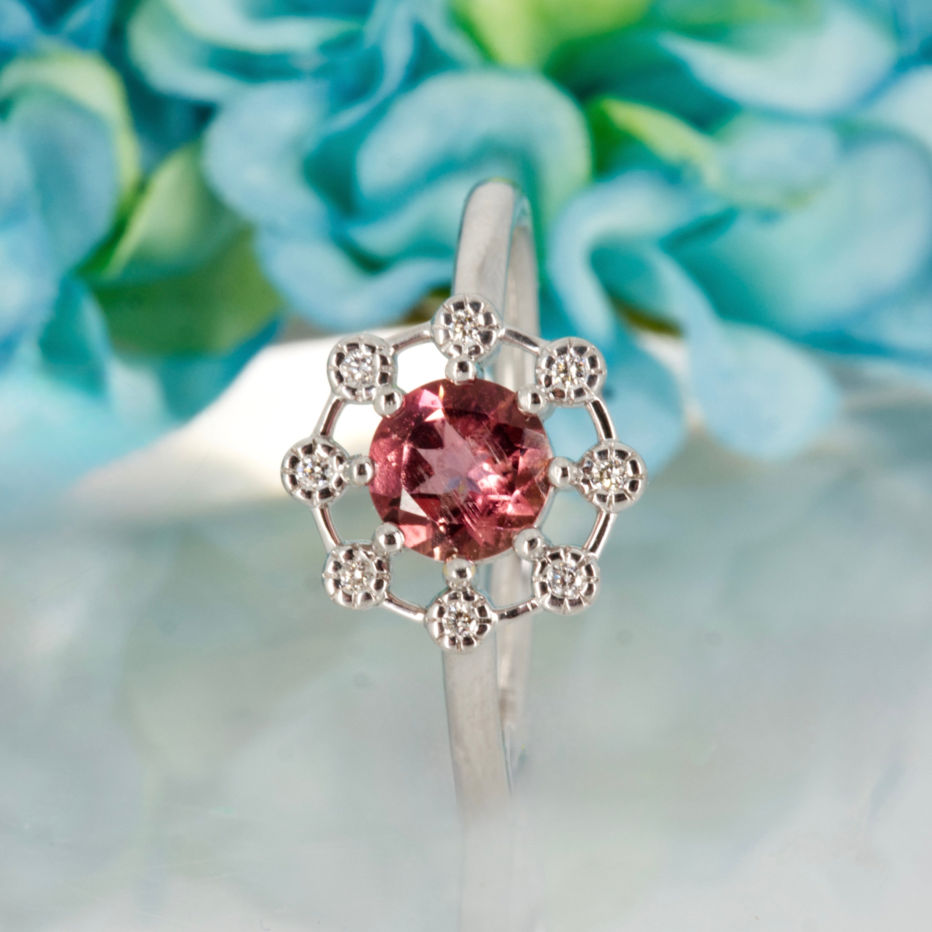 9ct White Gold Round Cut Pink Tourmaline & Round Brilliant Cut Diamond Dress Ring