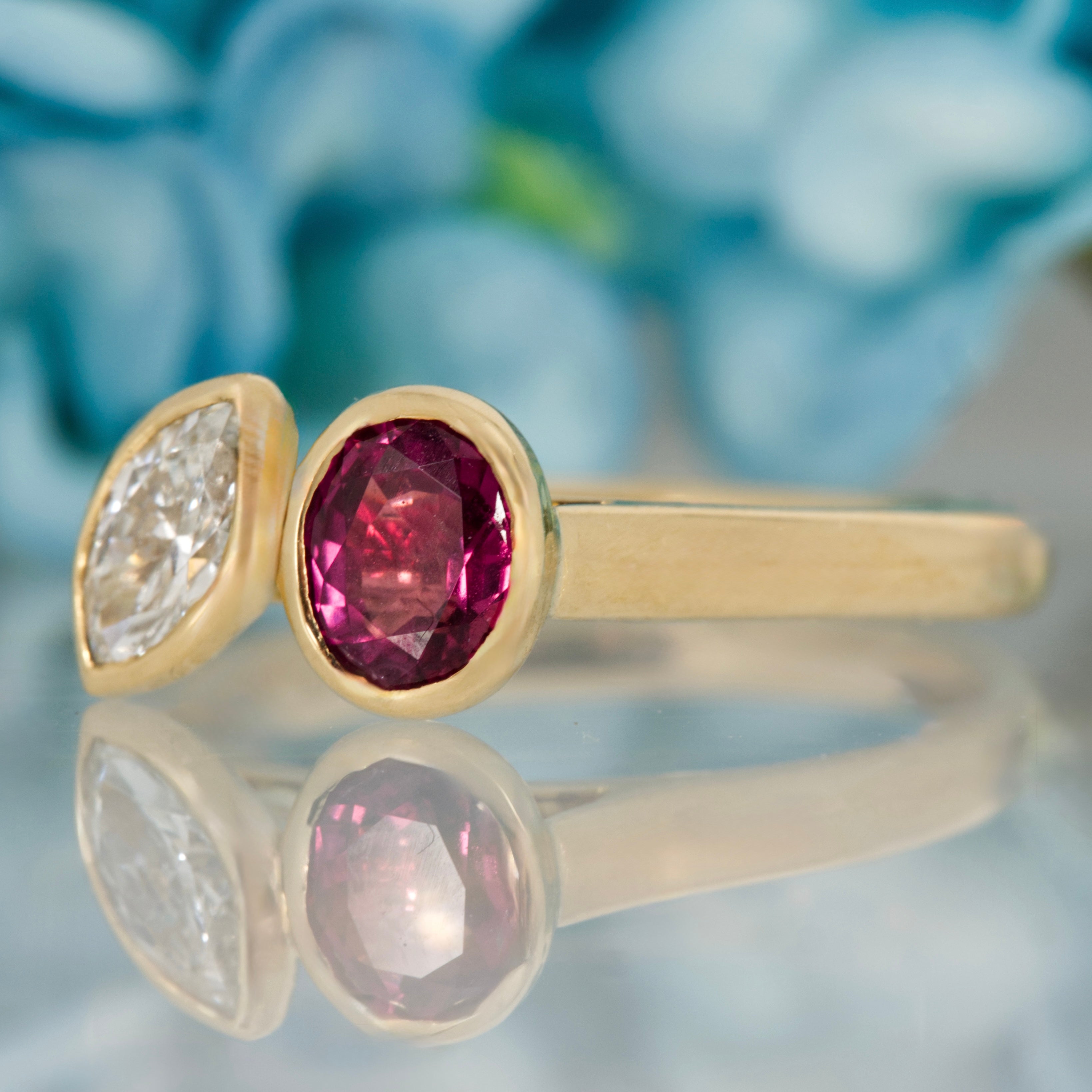 18ct Yellow Gold Oval Cut Ruby & Marquise Cut Diamond Toi et Moi Ring