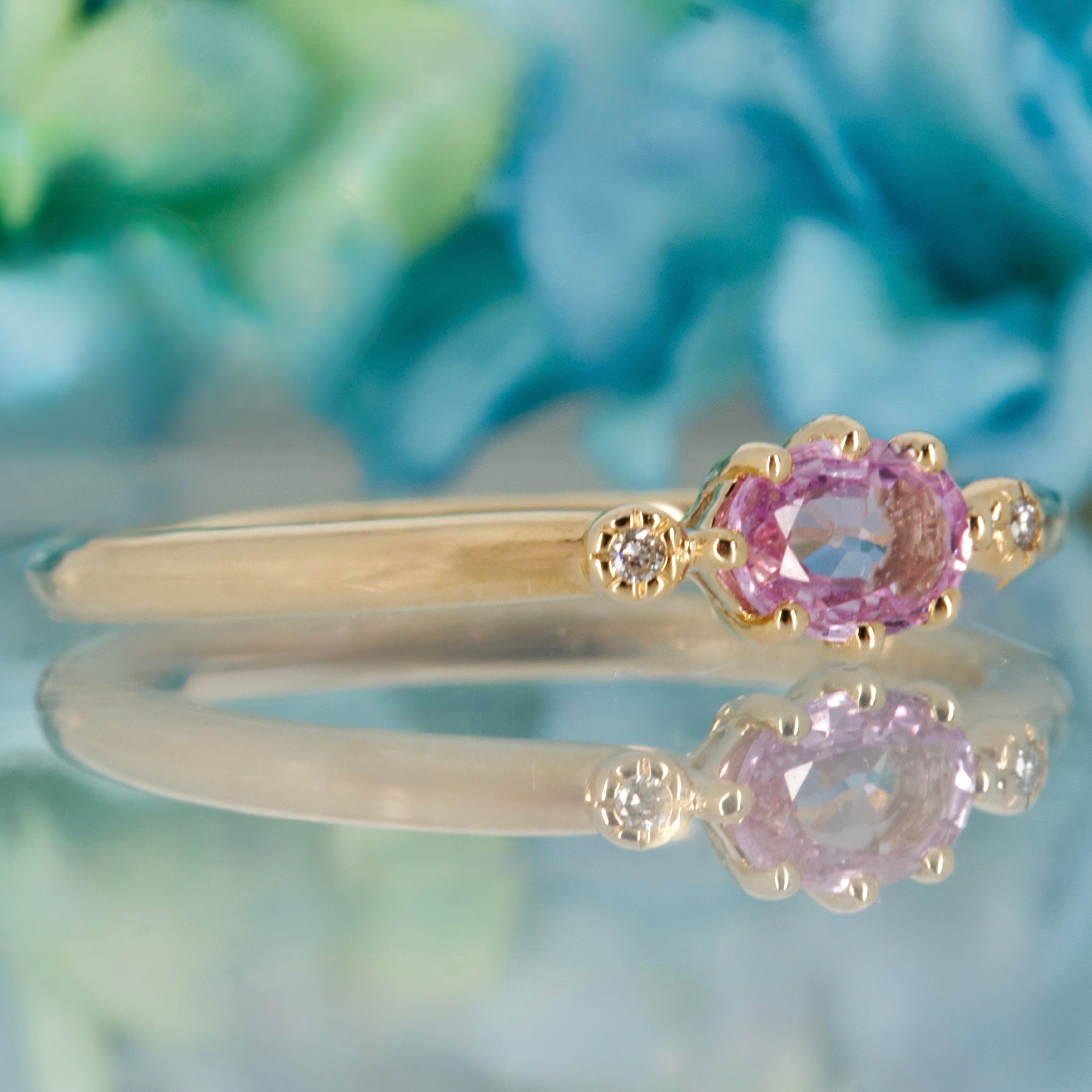 9ct Yellow Gold Oval Cut Pink Sapphire & Round Brilliant Cut Diamond Trilogy Ring