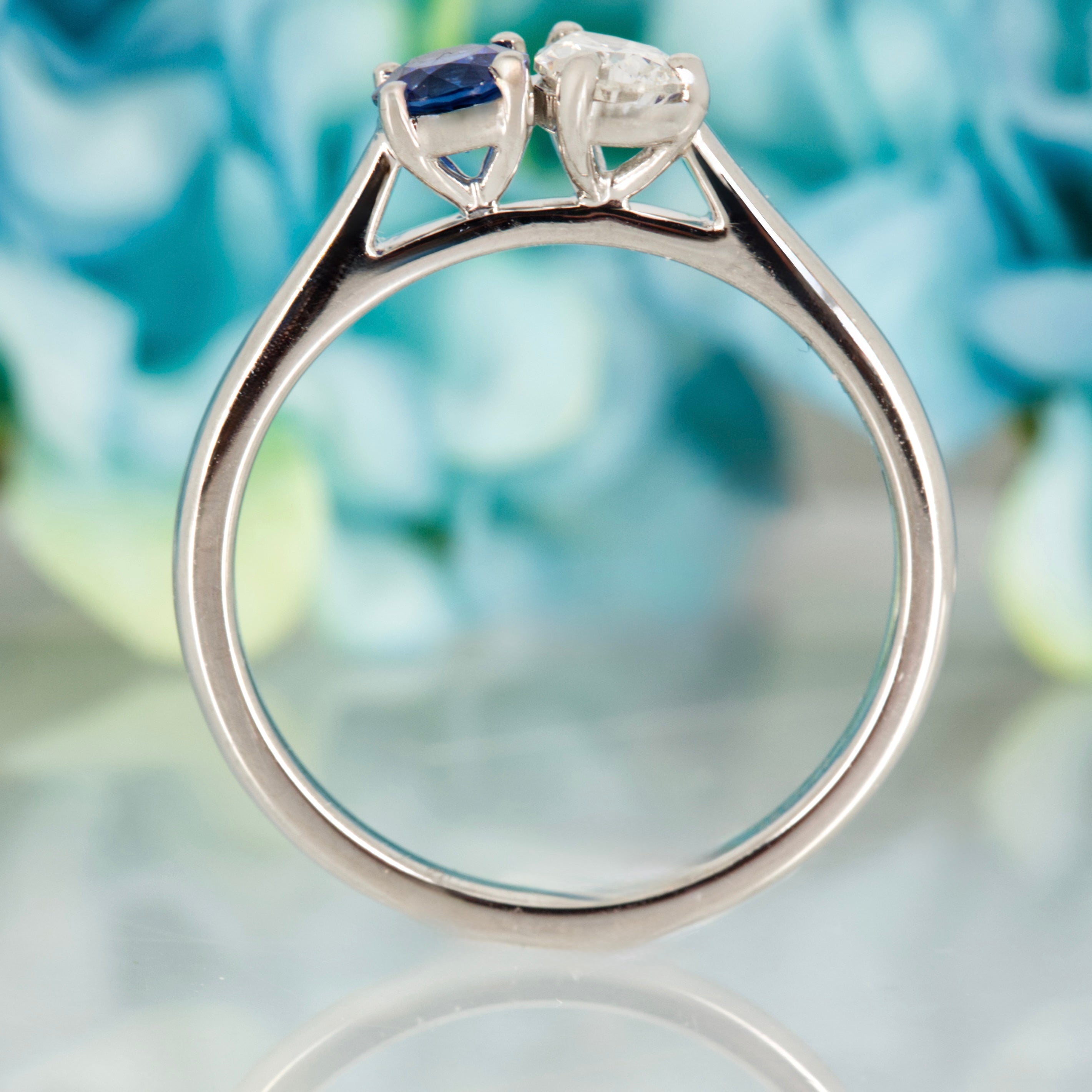 Platinum Round Cut Sapphire & Pear Cut Diamond Toi et Moi Ring