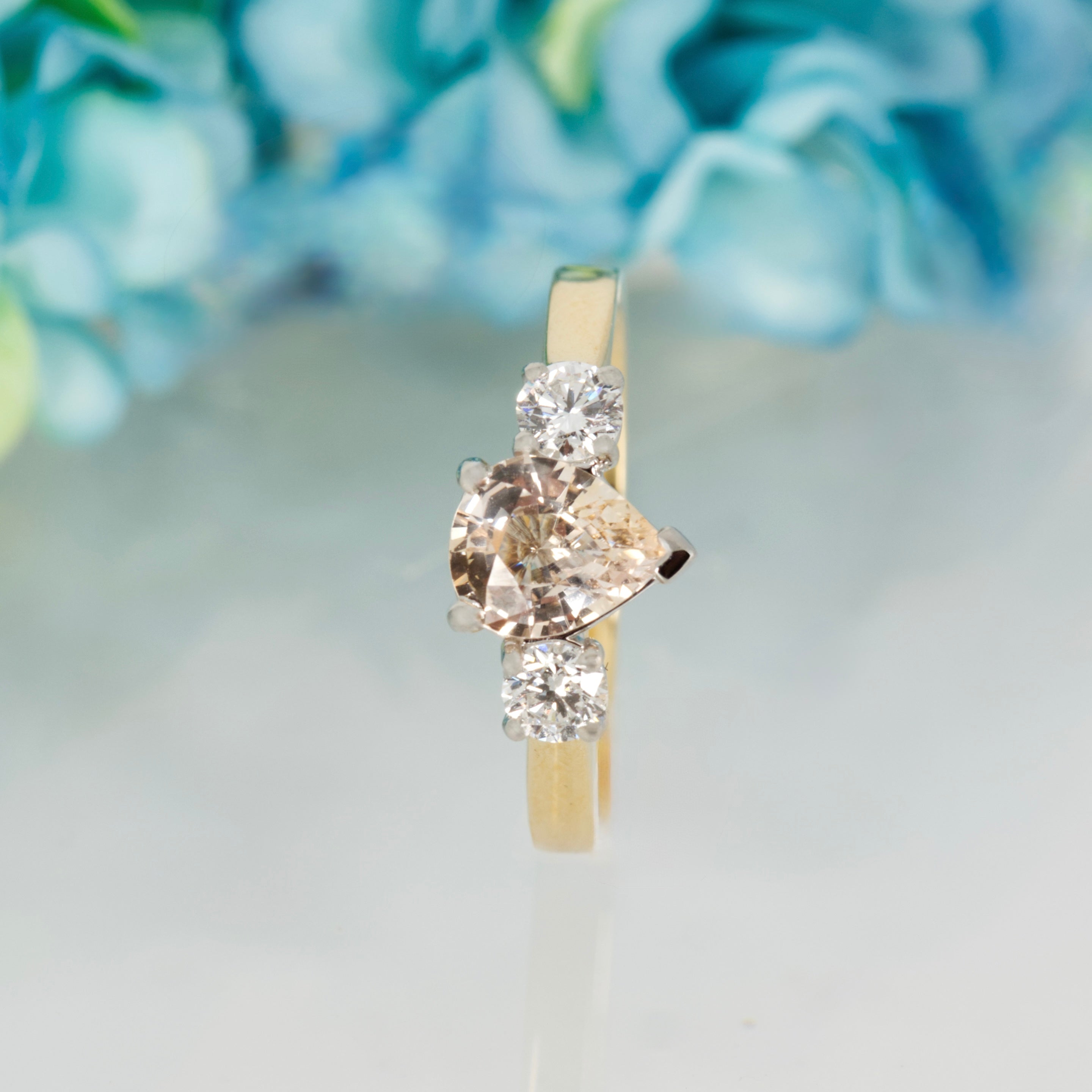 18ct Yellow Gold Pear Cut Blush Sapphire & Round Brilliant Cut Diamond Trilogy Ring