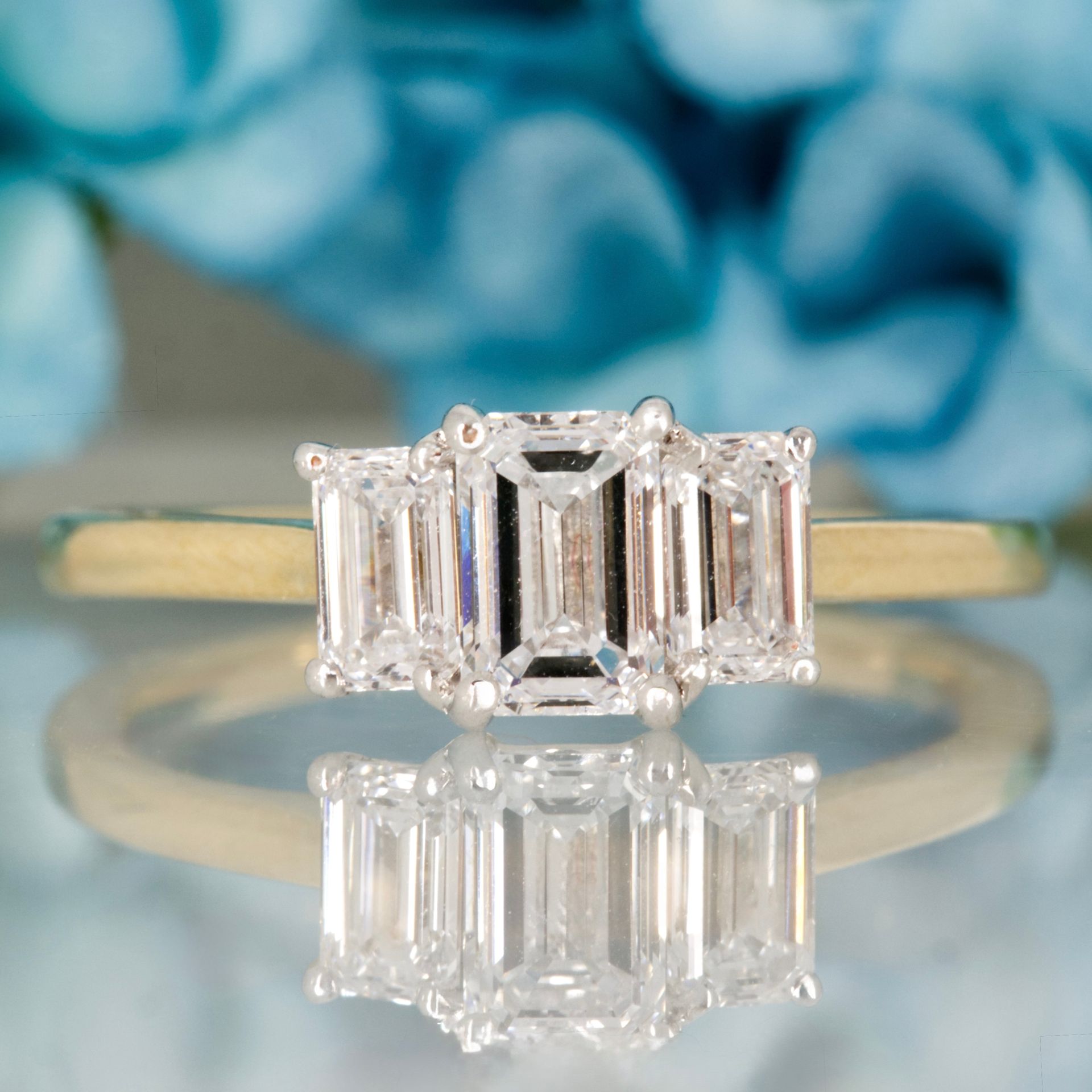 9ct Yellow Gold 1.39ct Emerald Cut Lab Grown Diamond Trilogy Ring