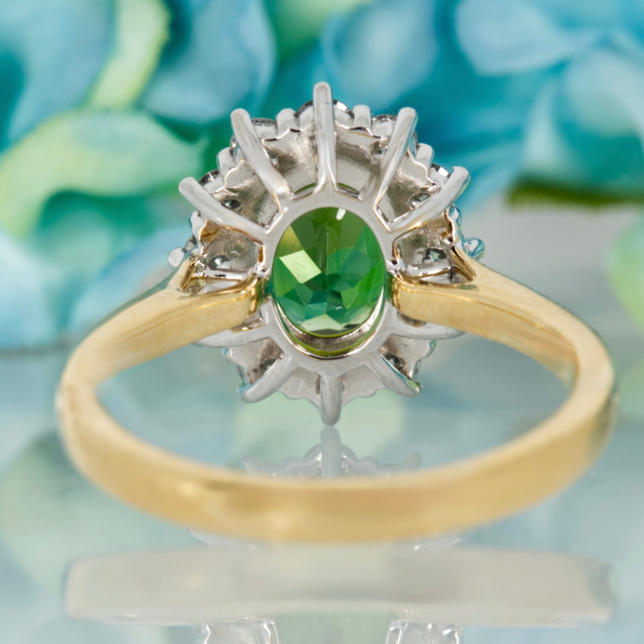 18ct Yellow Gold & Platinum Oval Cut Green Tourmaline & Round Brilliant Cut Diamond Cluster Ring