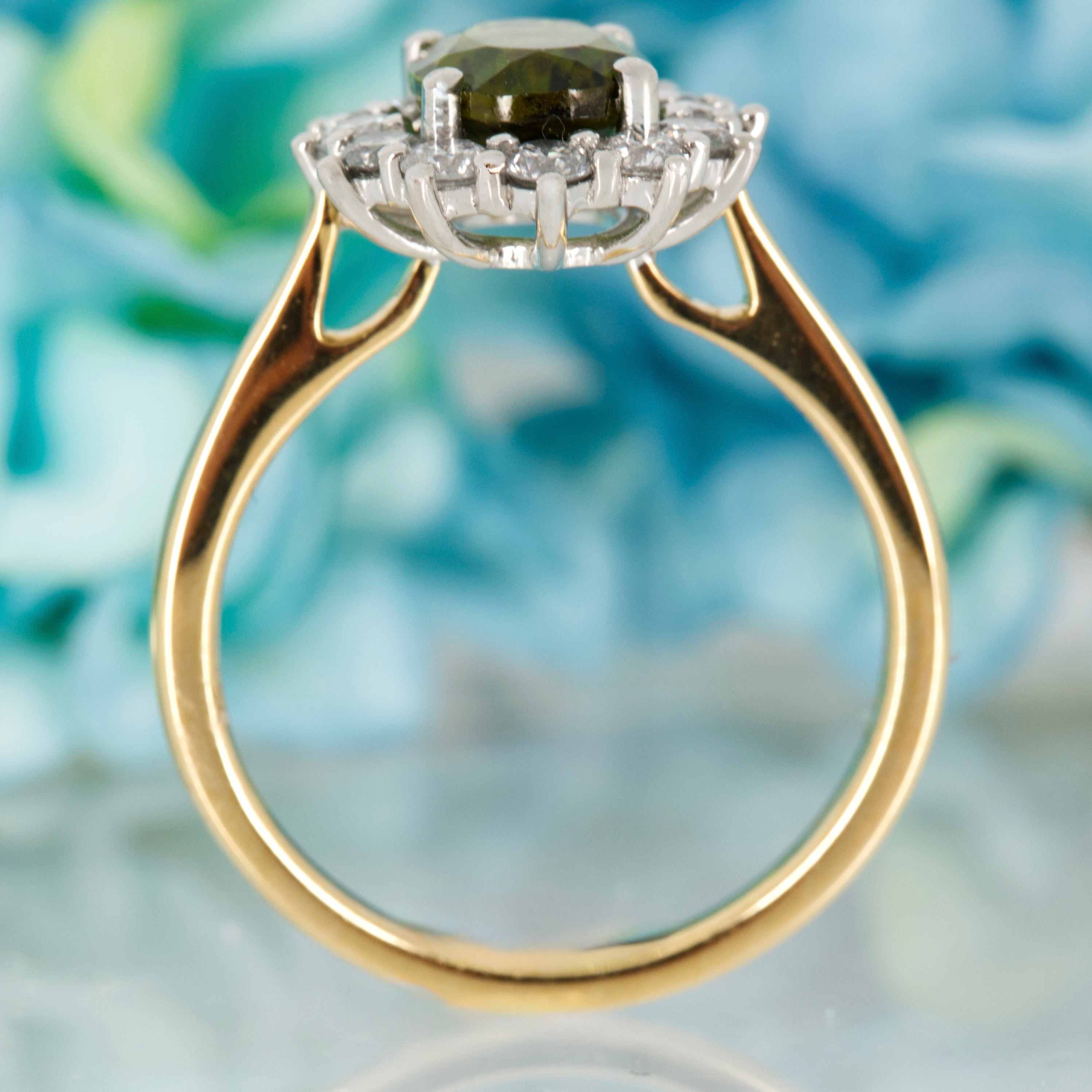 18ct Yellow Gold & Platinum Oval Cut Green Tourmaline & Round Brilliant Cut Diamond Cluster Ring