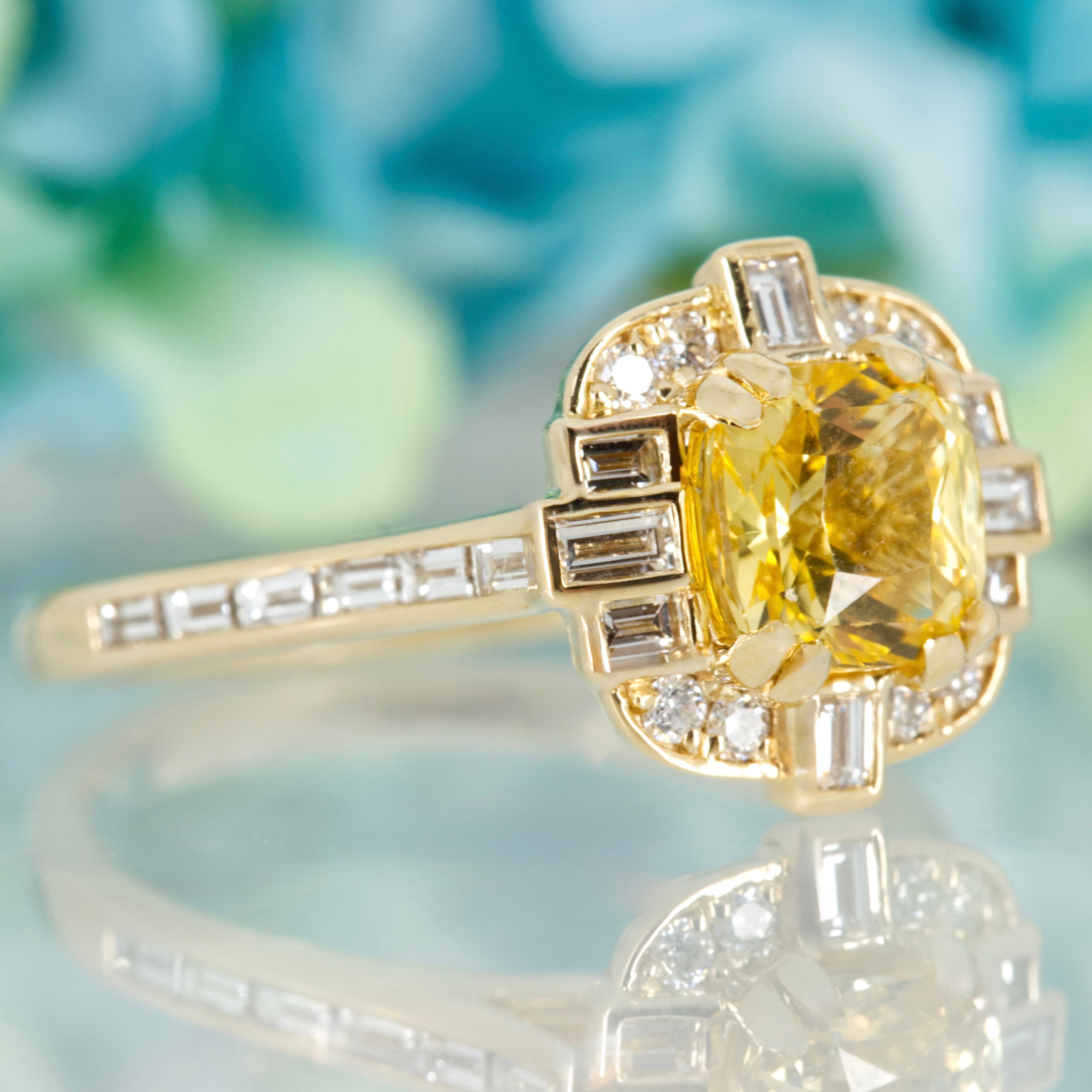 18ct Yellow Gold Cushion Cut Yellow Sapphire & Diamond Cluster Ring